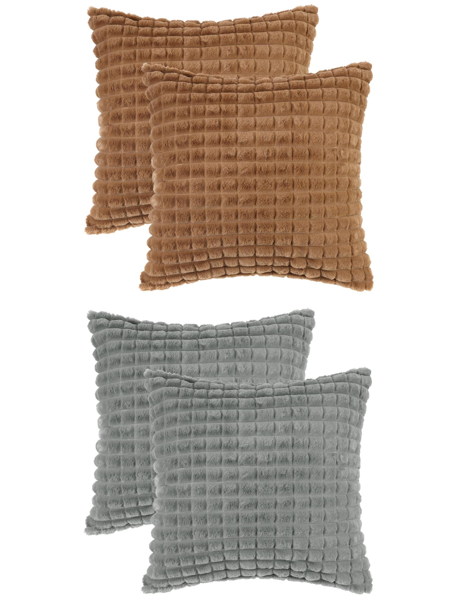 Unique Bargains 4 Pcs Checkered Faux Fur Plush Throw Pillow Covers Home Decor Pillowcases Grey/Brown 20" x 20"