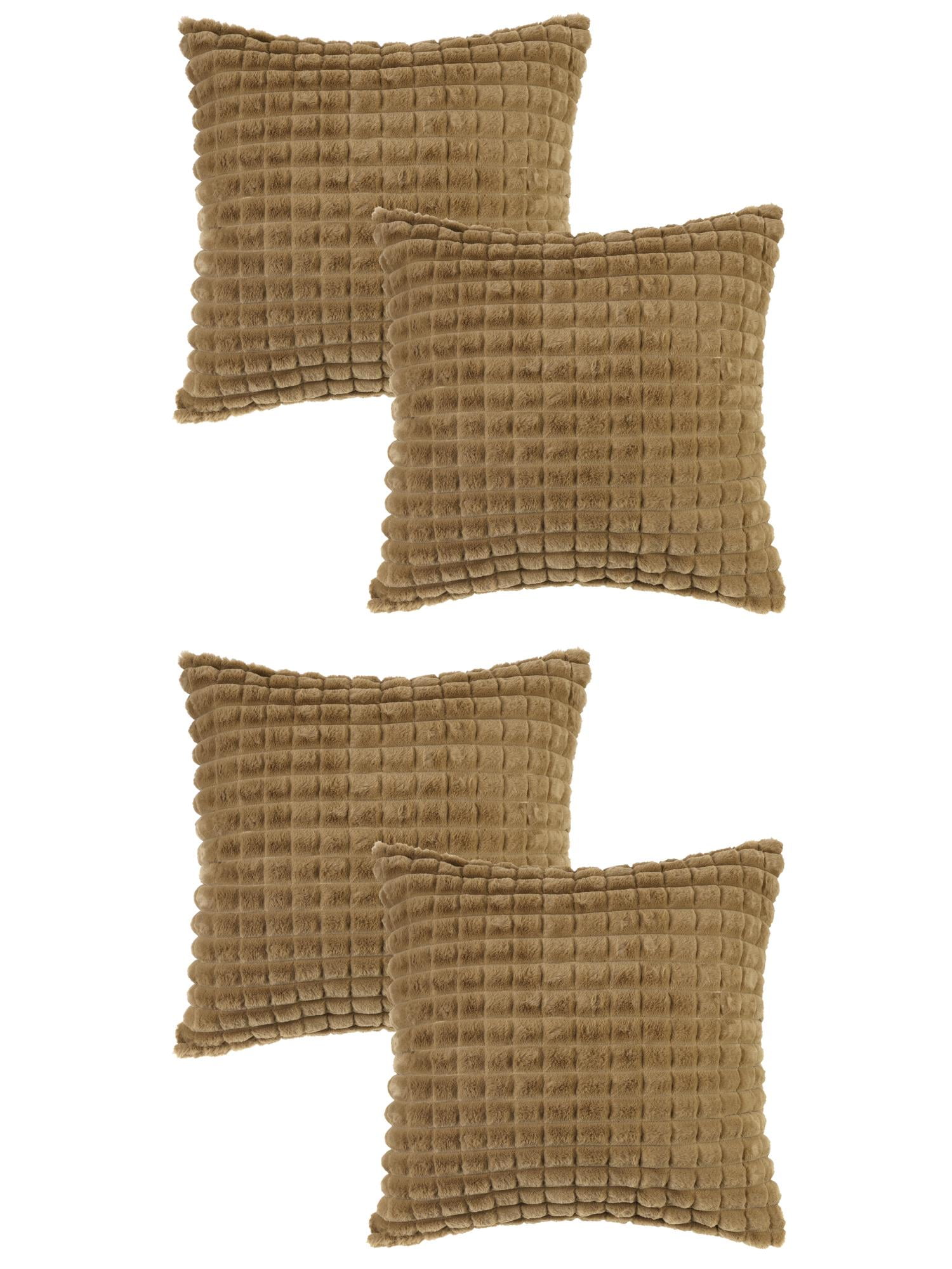 Unique Bargains 4 Pcs Checkered Faux Fur Plush Throw Pillow Covers Home Decor Pillowcases Light Brown 20" x 20"