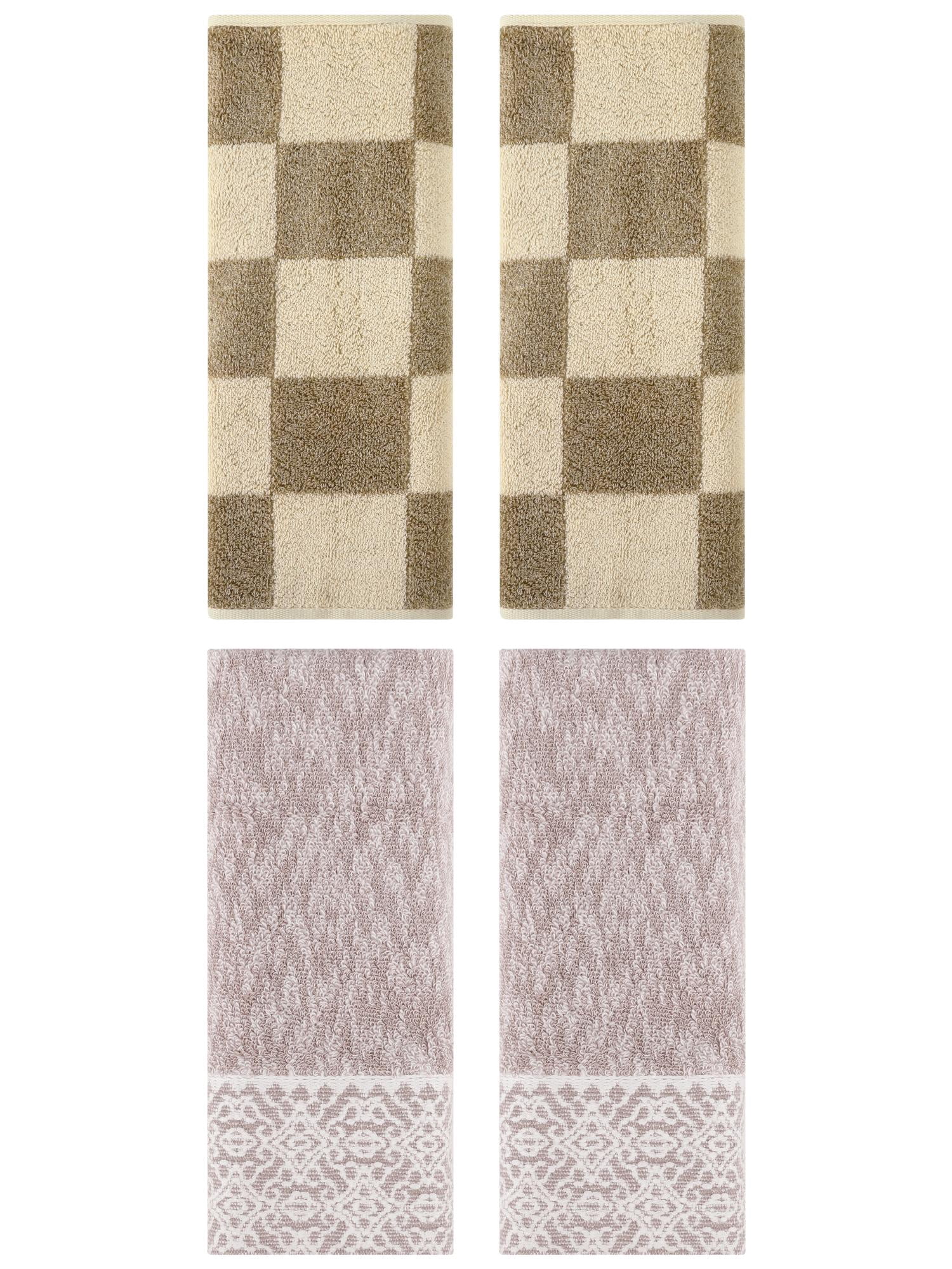 Unique Bargains 4 Pcs Checkered Hand Towel Set Brown/Purple 14" x 28"/13" x 28"
