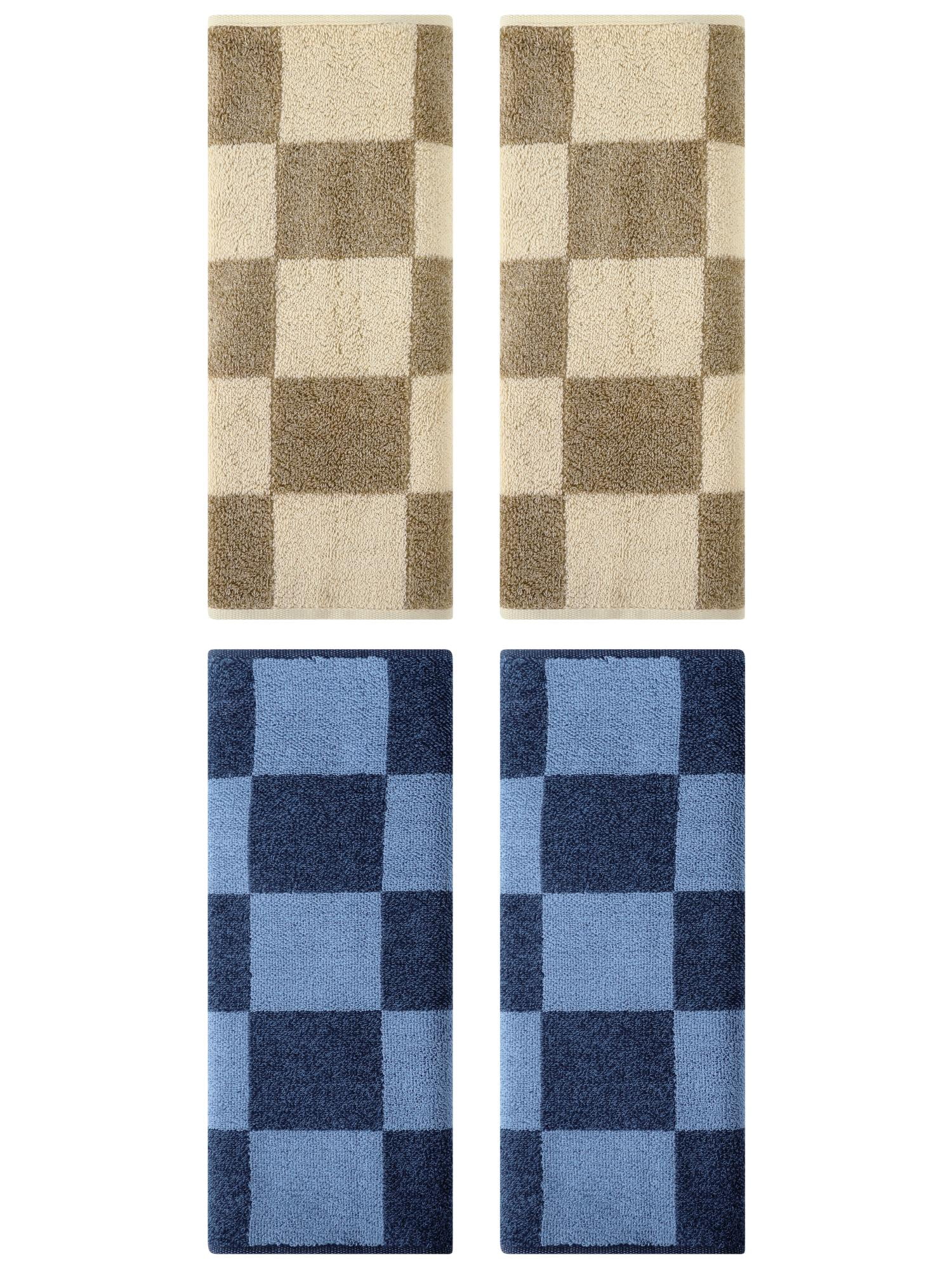 Unique Bargains 4 Pcs Checkered Hand Towel Set Dark Blue/Brown 14" x 28"