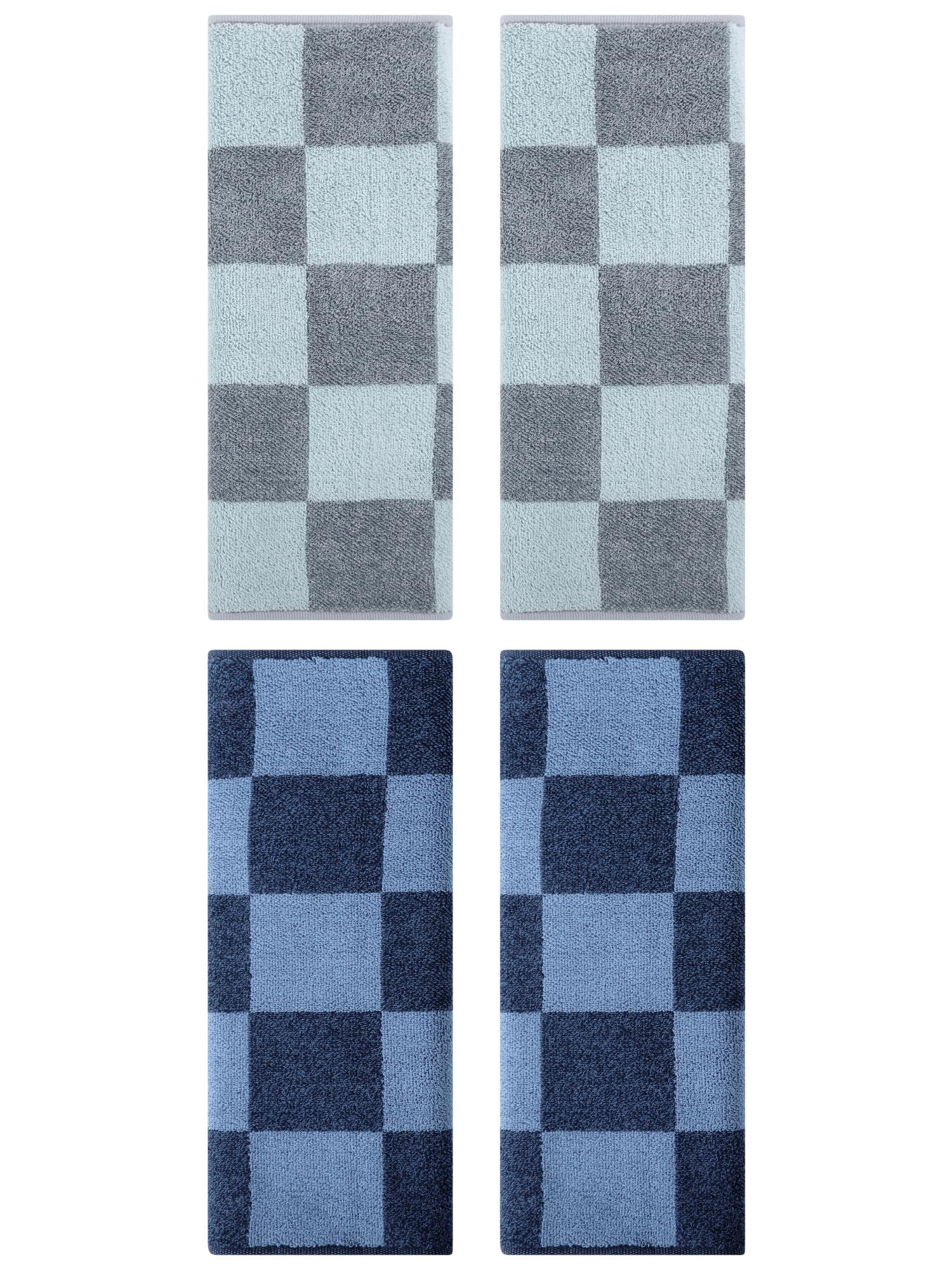 Unique Bargains 4 Pcs Checkered Hand Towel Set Dark Blue/Grey 14" x 28"