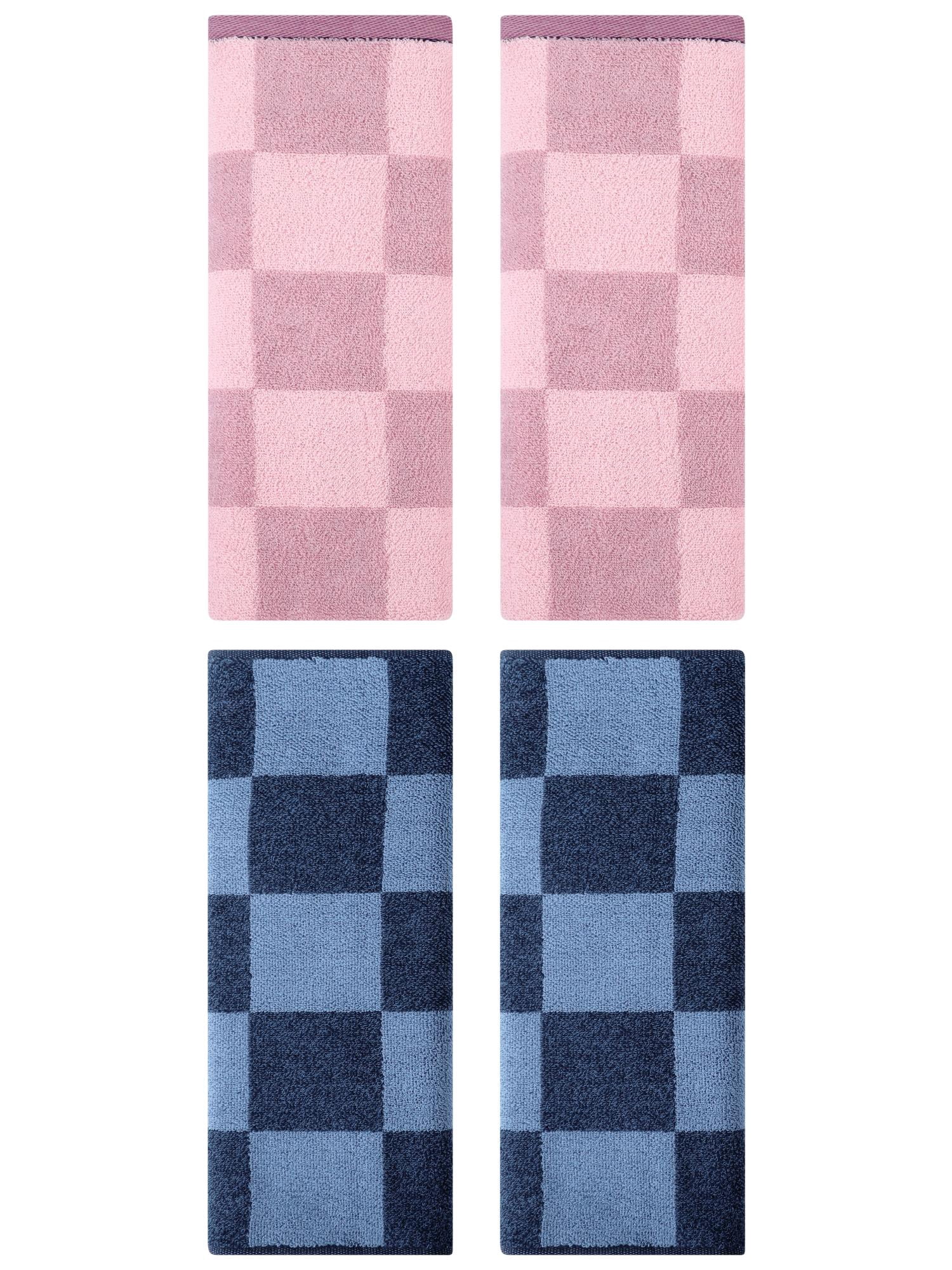Unique Bargains 4 Pcs Checkered Hand Towel Set Dark Blue/Purple 14" x 28"