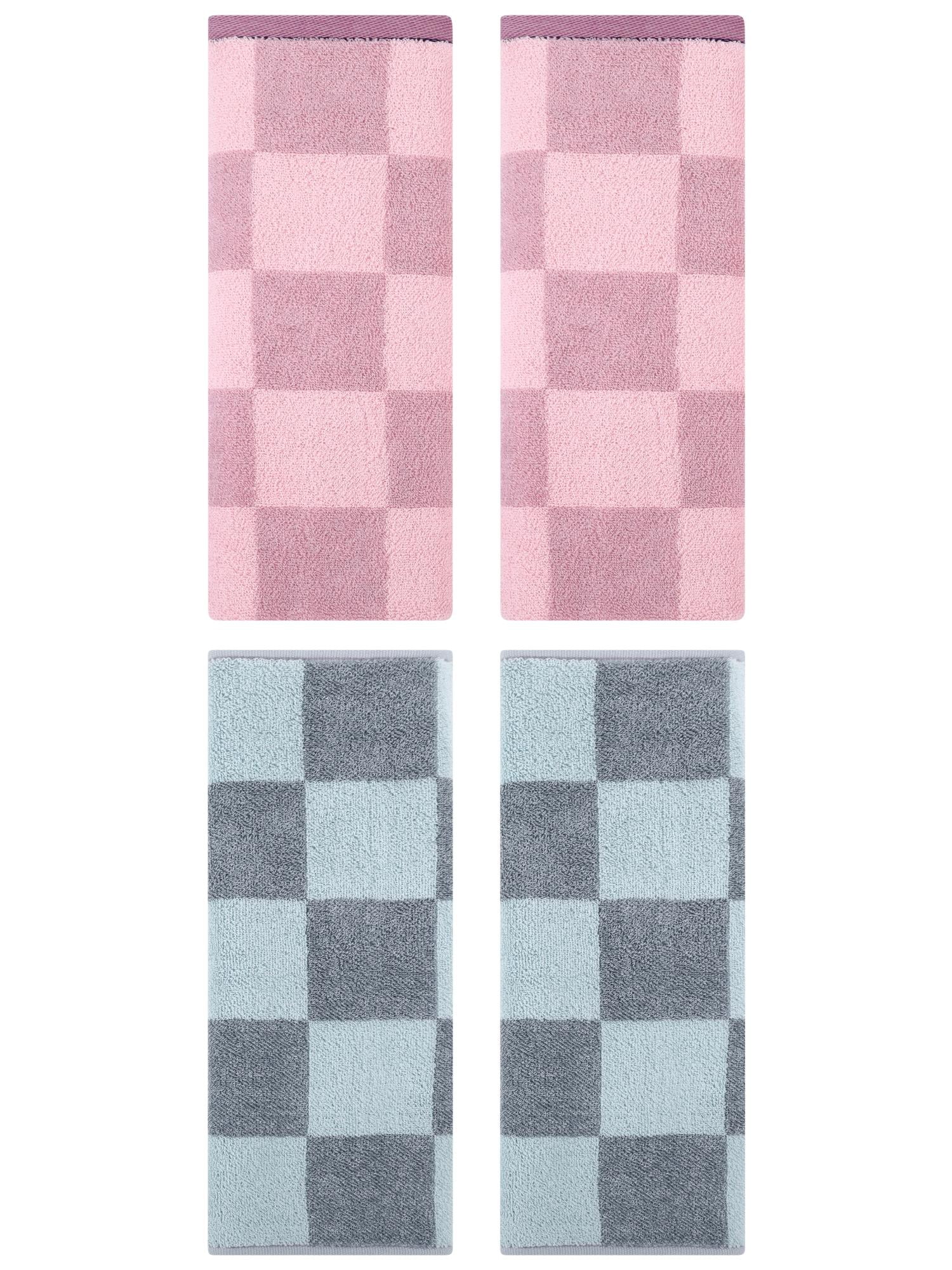Unique Bargains 4 Pcs Checkered Hand Towel Set Purple/Grey 14" x 28"