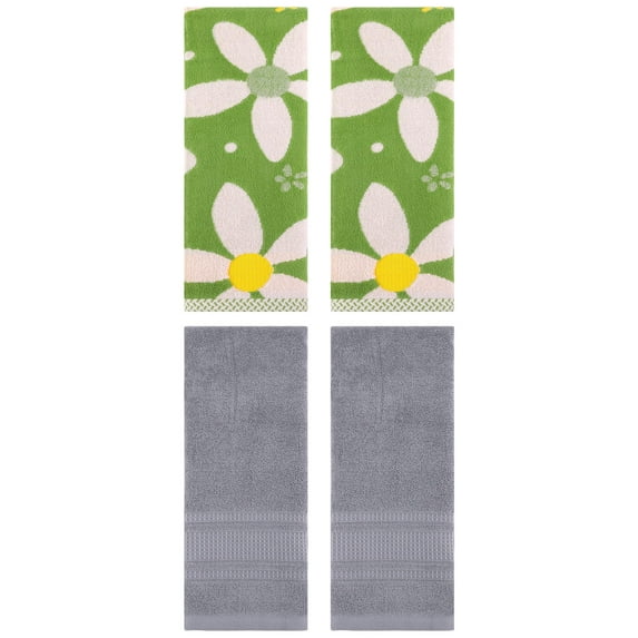 Unique Bargains 4 Pcs Cotton Absorbent Hand Towel Set 13 x 29 Inch Green/Grey