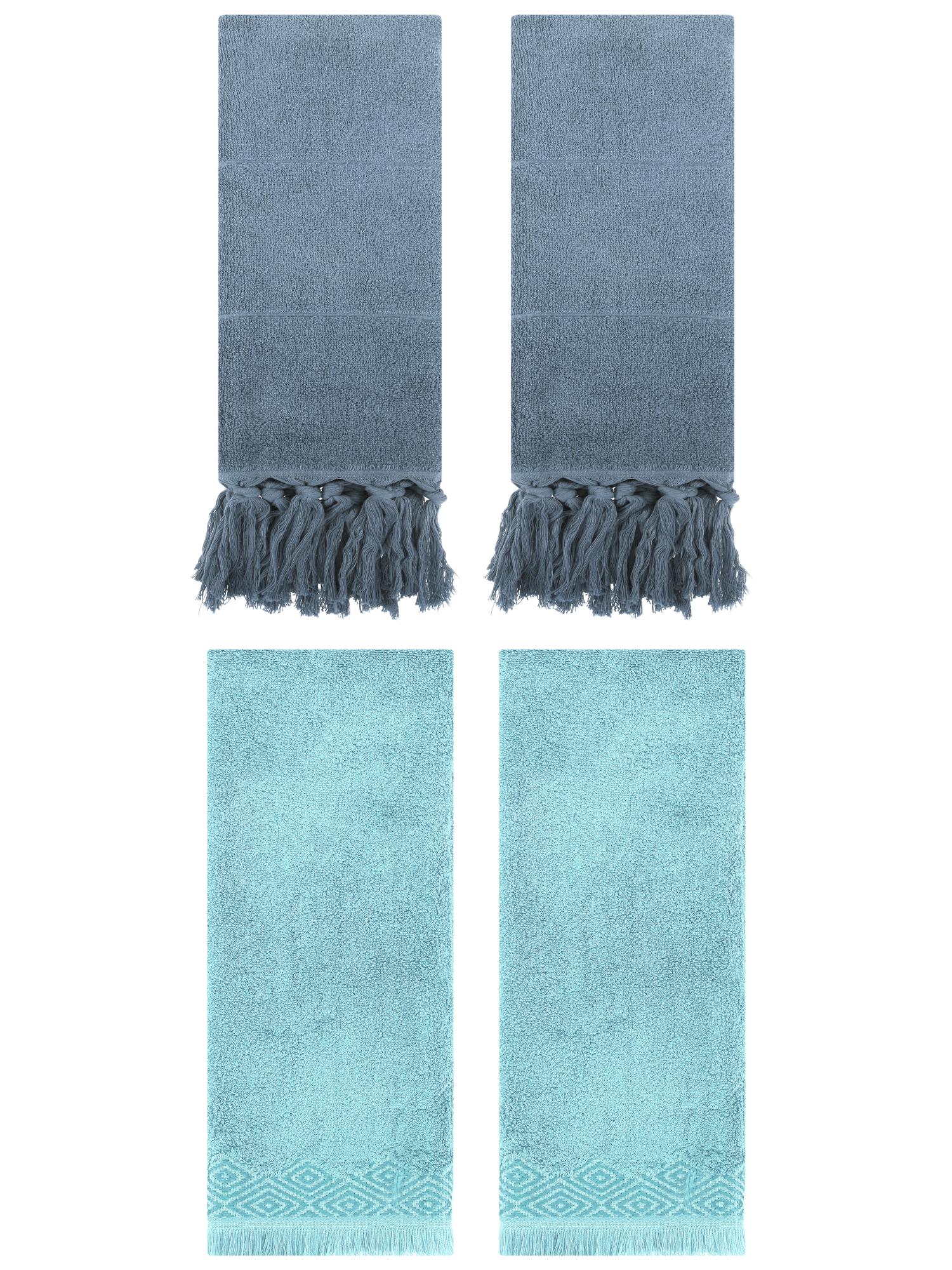 Unique Bargains 4 Pack Cotton Absorbent Soft Turkish Hand Towels with tassel for Bathroom Blue 14" x 30"/13" x 29"