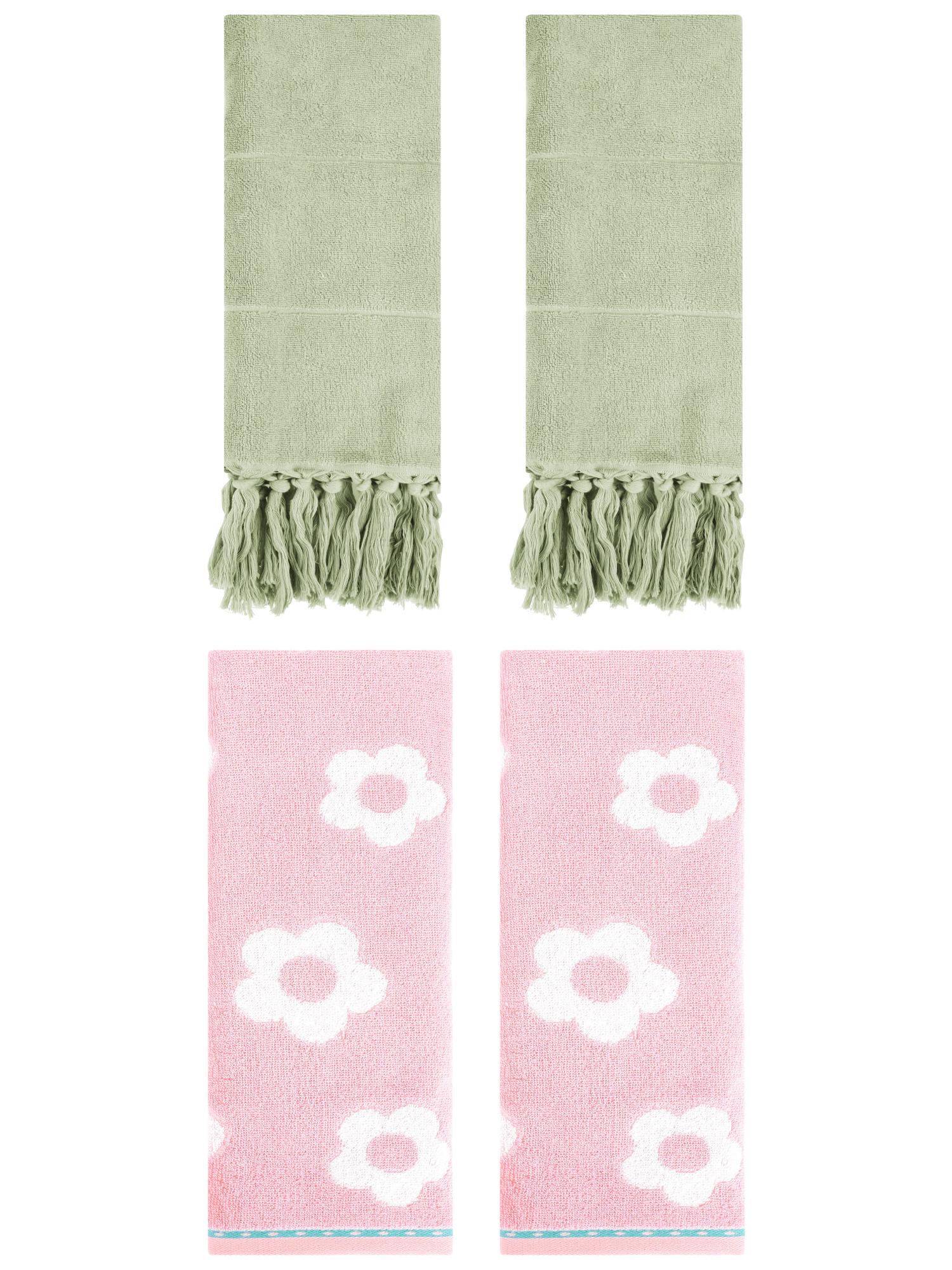 Unique Bargains 4 Pcs Cotton Bathroom Decorative Hand Towels 14" x 30" Green/Pink