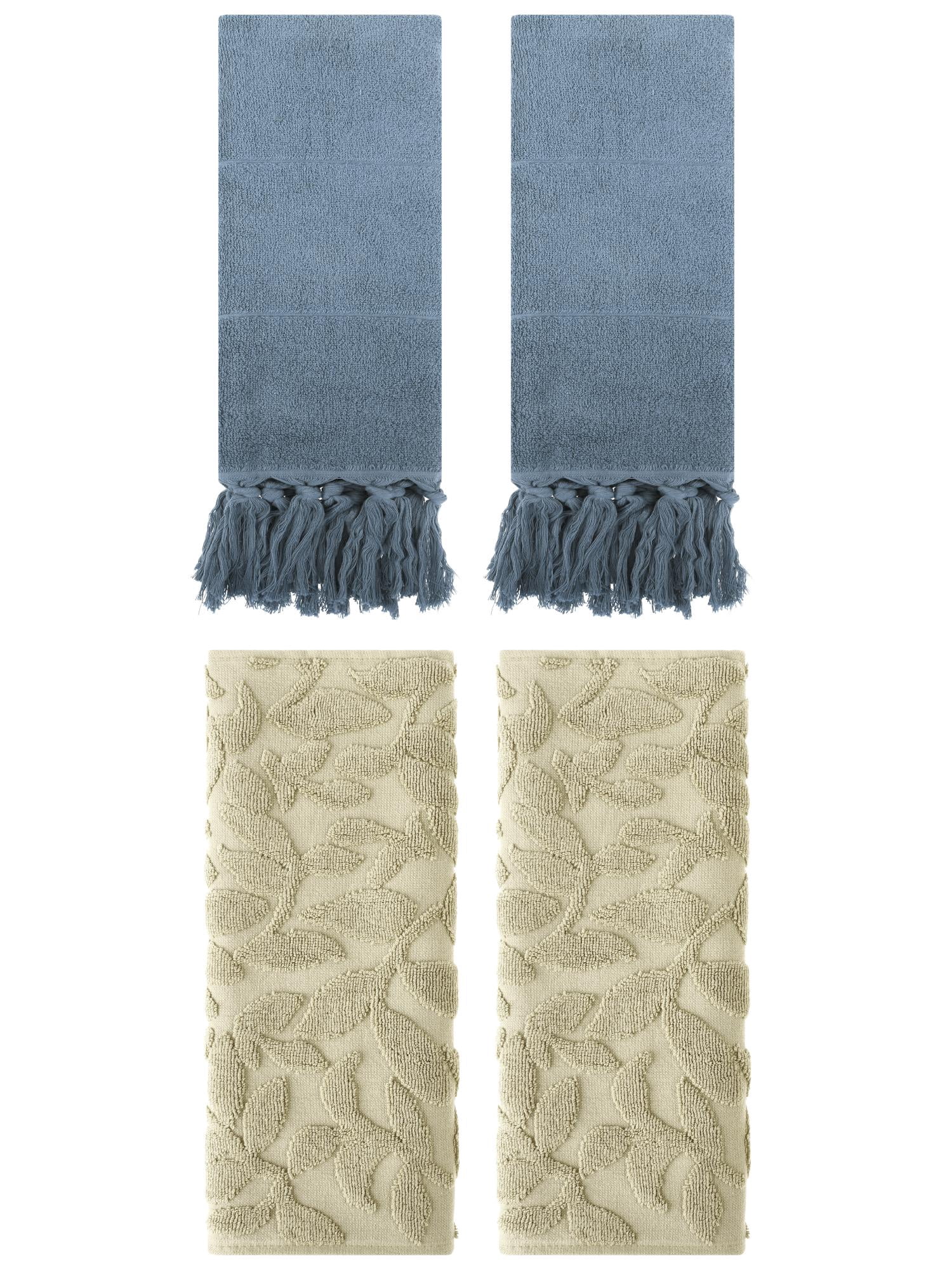 Unique Bargains 4 Pcs Cotton Bathroom Hand Towels with Tassel 14" x 30" Blue/Khaki