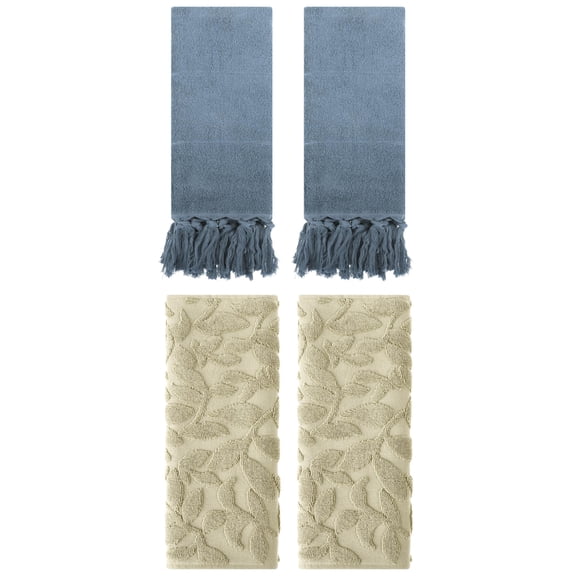 Unique Bargains 4 Pcs Cotton Bathroom Hand Towels with Tassel 14" x 30" Blue/Khaki