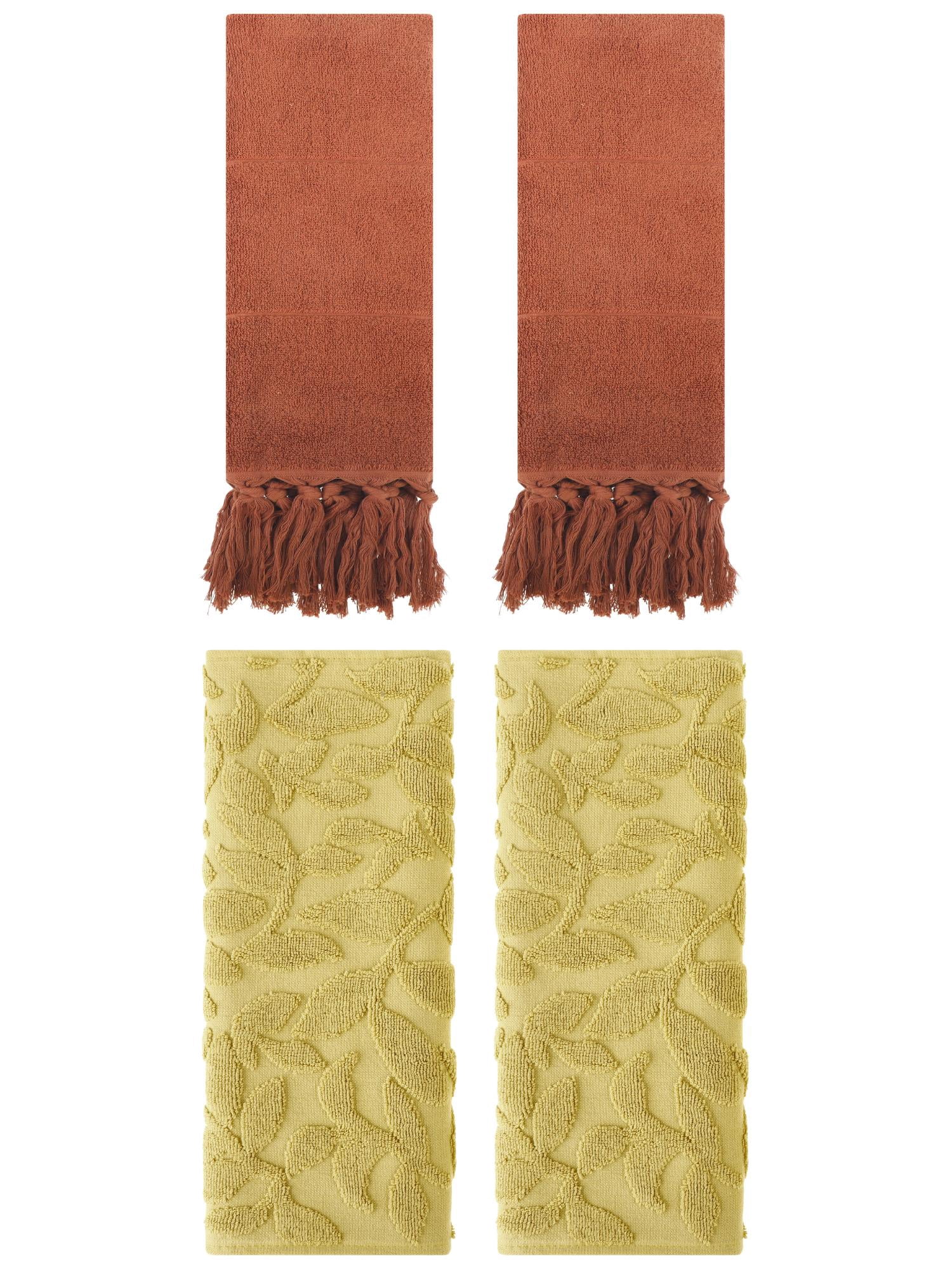 Unique Bargains 4 Pcs Cotton Bathroom Hand Towels with Tassel 14" x 30" Brown/Yellow