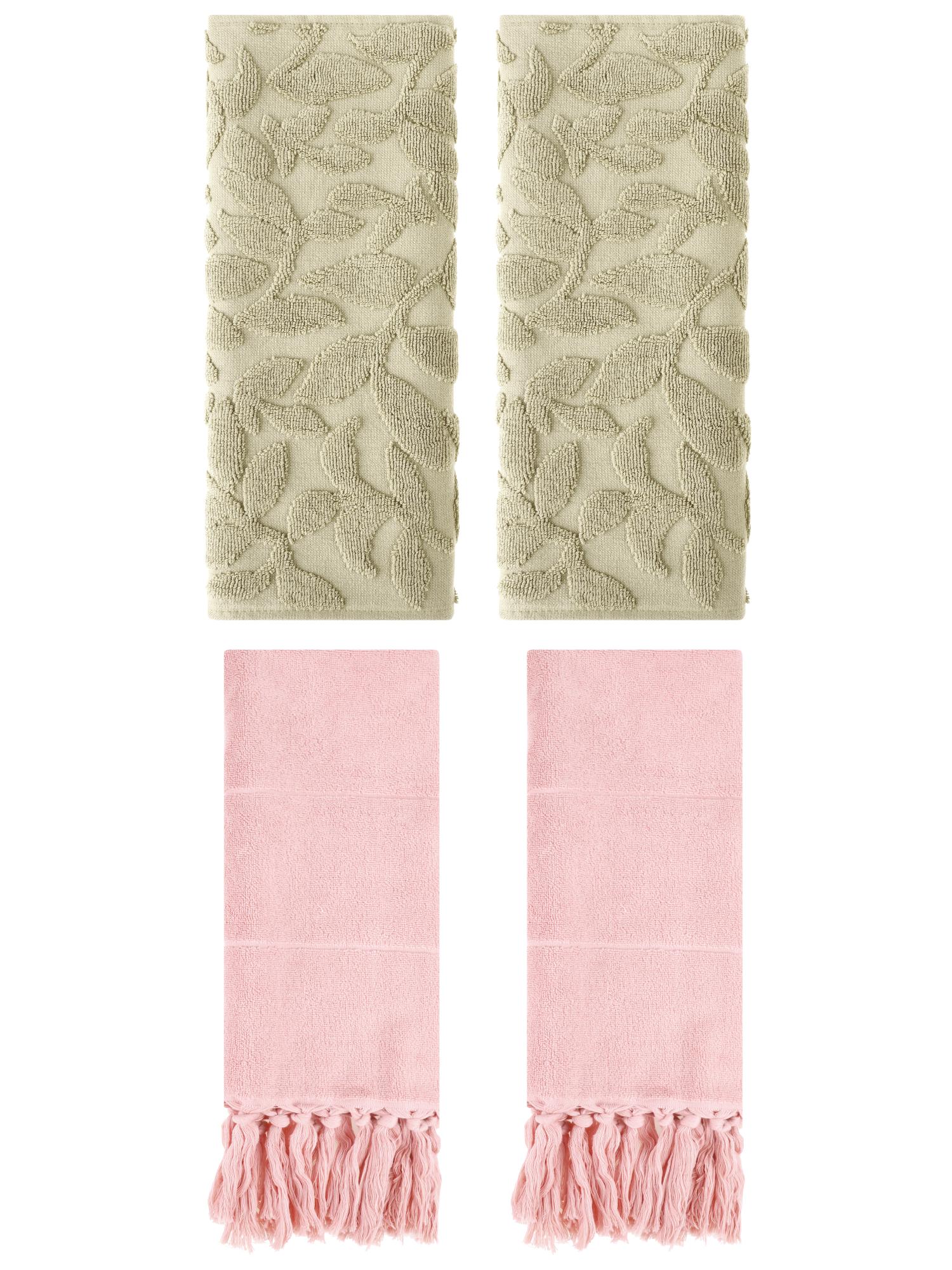 Unique Bargains 4 Pcs Cotton Bathroom Hand Towels with Tassel 14" x 30" Pink/Khaki
