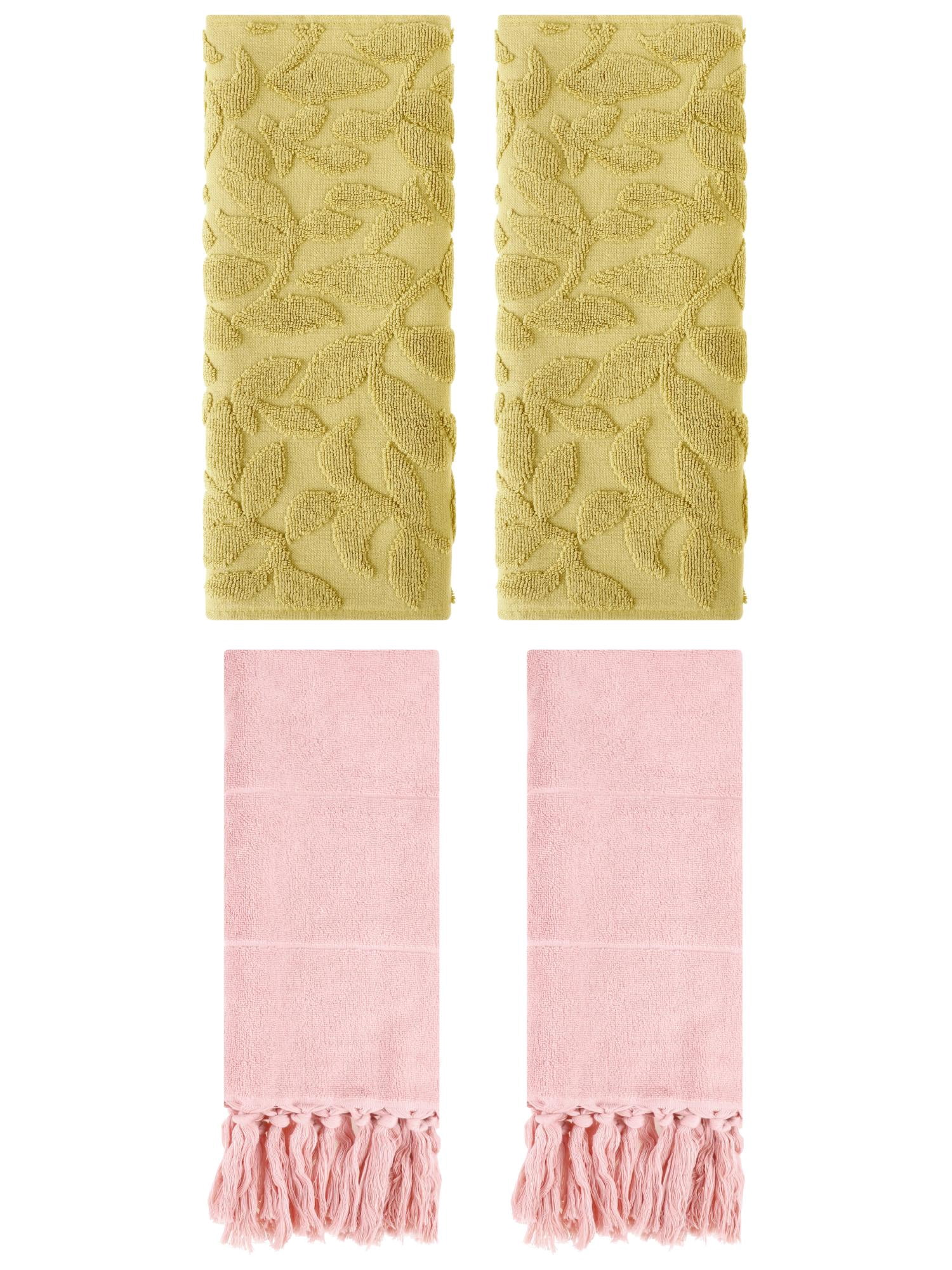 Unique Bargains 4 Pcs Cotton Bathroom Hand Towels with Tassel 14" x 30" Pink/Yellow