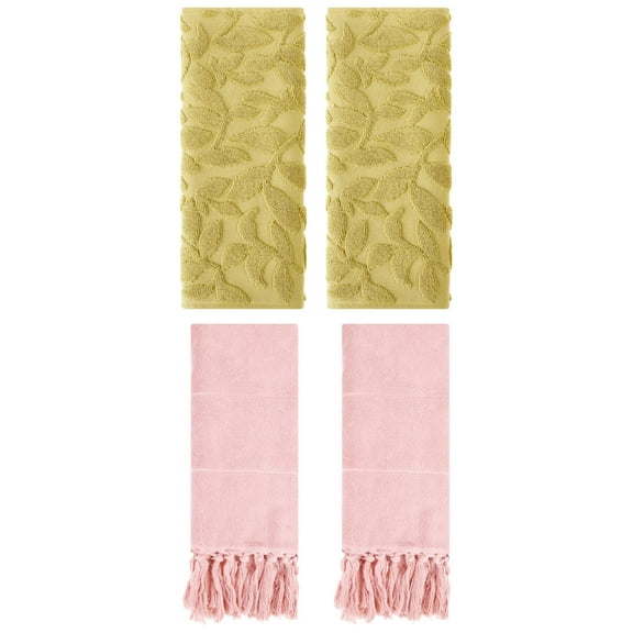 Unique Bargains 4 Pcs Cotton Bathroom Hand Towels with Tassel 14" x 30" Pink/Yellow
