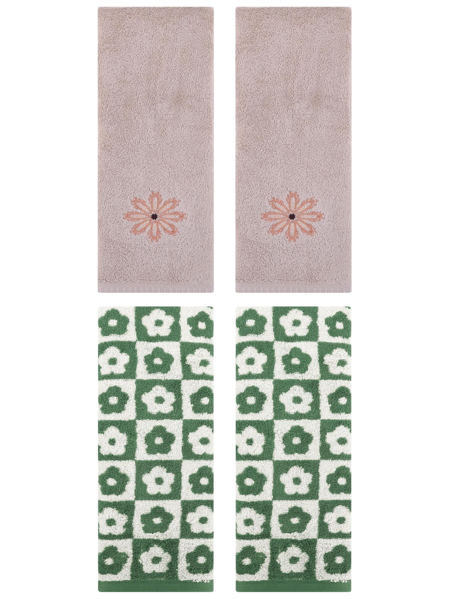 Unique Bargains 4 Pcs Cotton Decorative Hand Towel Green/Camel 14" x 30"/13" x 30"