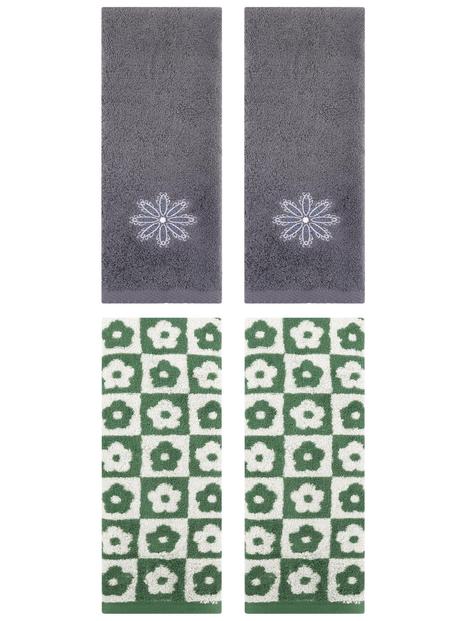 Unique Bargains 4 Pcs Cotton Decorative Hand Towel Green/Dark Grey 14" x 30"/13" x 30"