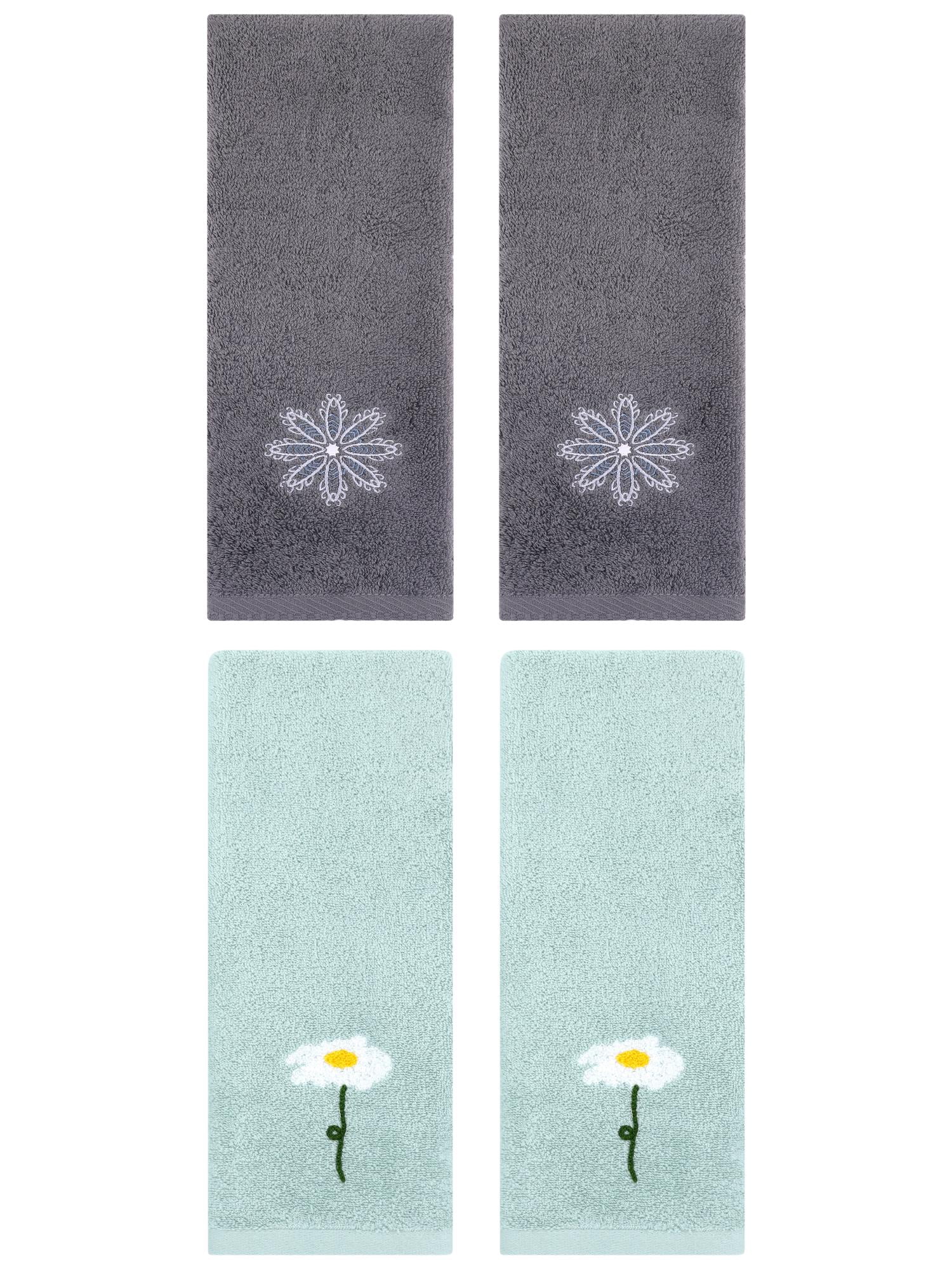 Unique Bargains 4 Pcs Cotton Floral Hand Towel 13" x 30" Blue/Dark Grey
