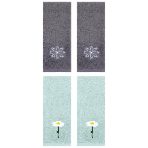 Unique Bargains 4 Pcs Cotton Floral Hand Towel 13" x 30" Blue/Dark Grey