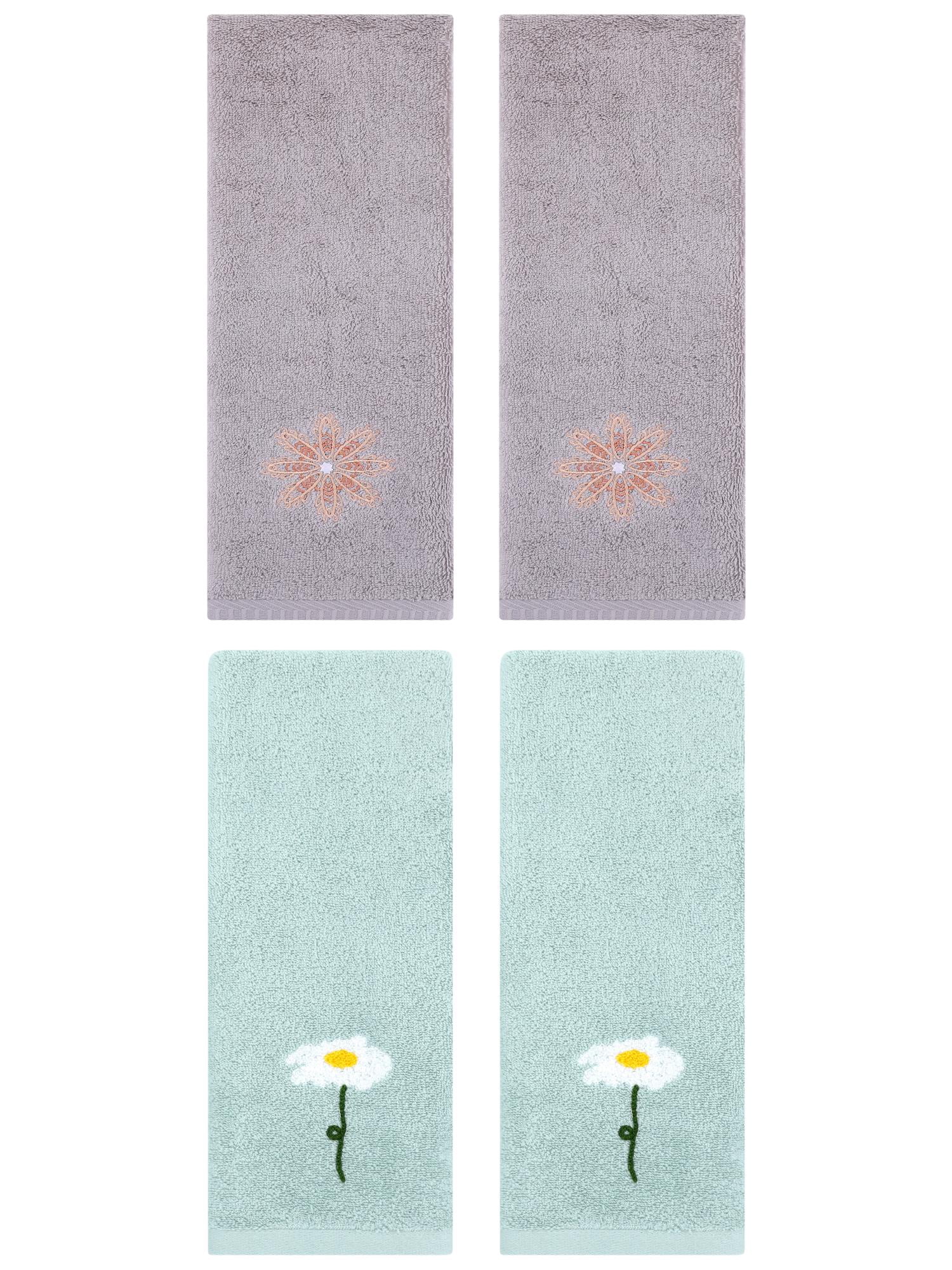 Unique Bargains 4 Pcs Cotton Floral Hand Towel 13" x 30" Blue/Light Grey