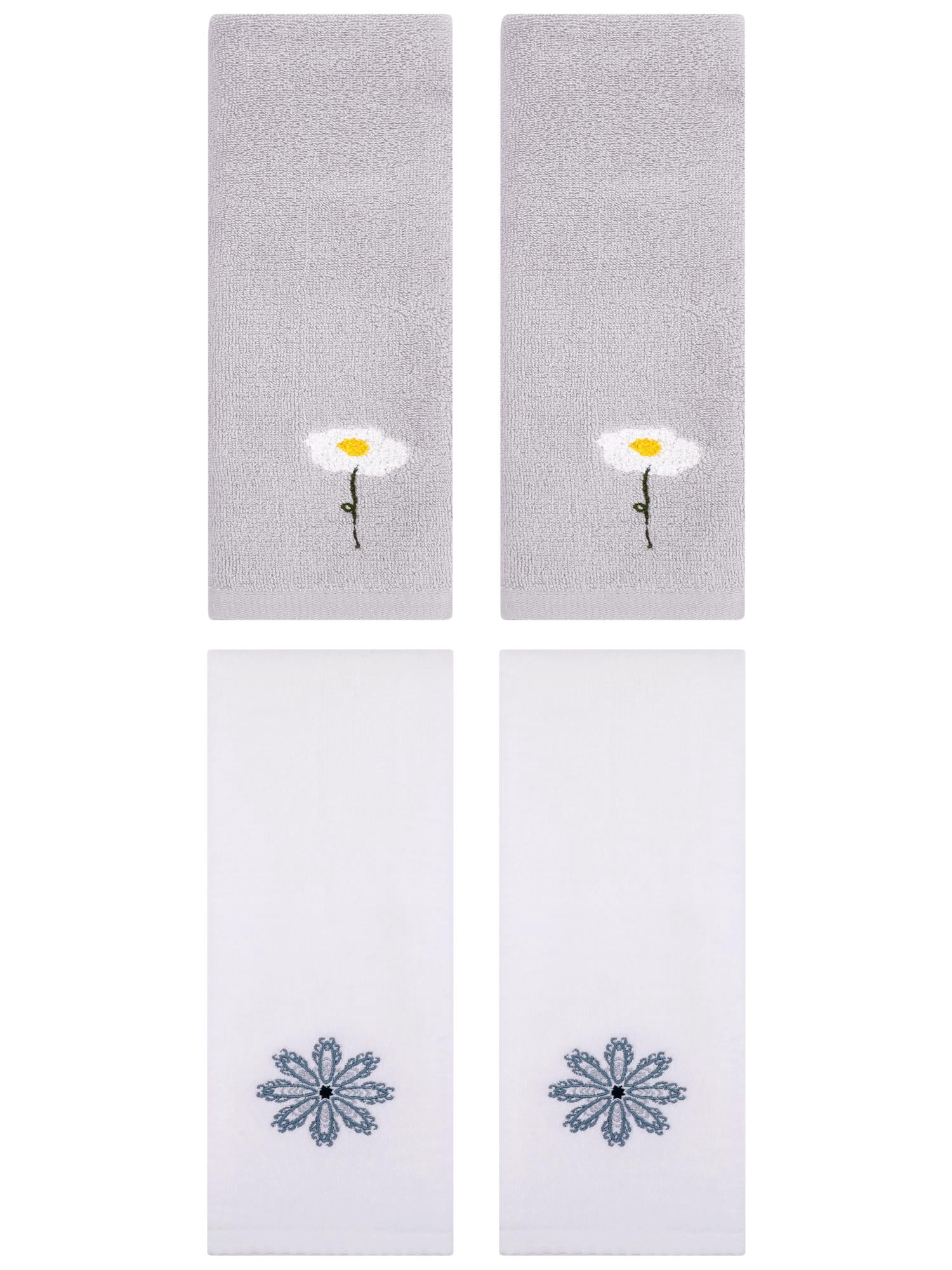 Unique Bargains 4 Pcs Cotton Floral Hand Towel 13" x 30" Grey/White