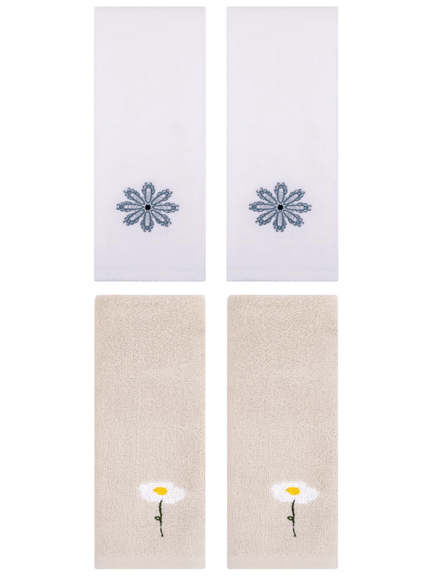 Unique Bargains 4 Pcs Cotton Floral Hand Towel 13" x 30" Light Brown/White