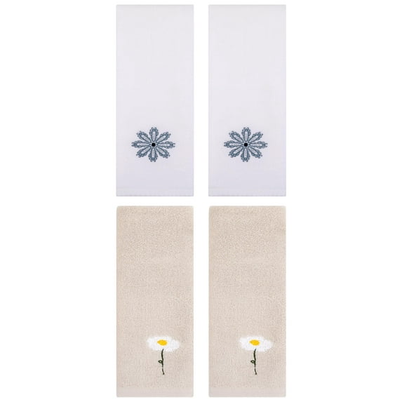Unique Bargains 4 Pcs Cotton Floral Hand Towel 13" x 30" Light Brown/White