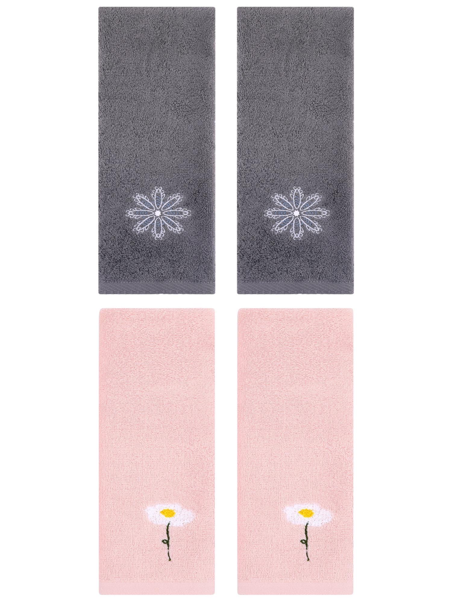 Unique Bargains 4 Pcs Cotton Floral Hand Towel 13" x 30" Pink/Dark Grey