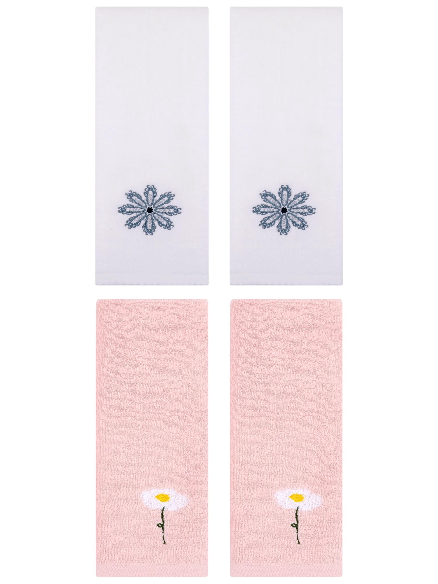 Unique Bargains 4 Pcs Cotton Floral Hand Towel 13" x 30" Pink/White