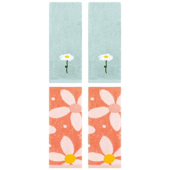 Unique Bargains 4 Pcs Cotton Floral Hand Towel Blue/Orange 13" x 30"/13" x 29"