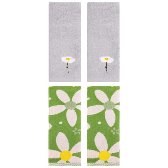 Unique Bargains 4 Pcs Cotton Floral Hand Towel Grey/Green 13" x 30"/13" x 29"