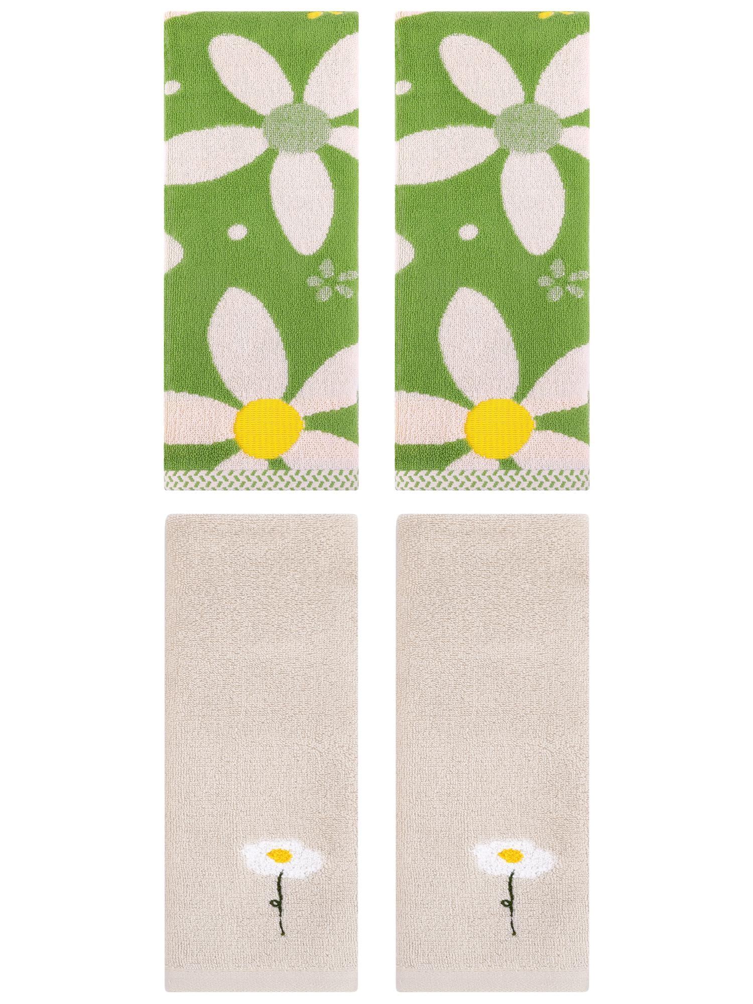 Unique Bargains 4 Pcs Cotton Floral Hand Towel Light Brown/Green 13" x 30"/13" x 29"