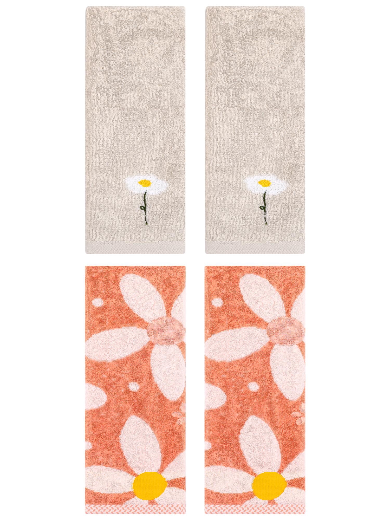 Unique Bargains 4 Pcs Cotton Floral Hand Towel Light Brown/Orange 13" x 30"/13" x 29"