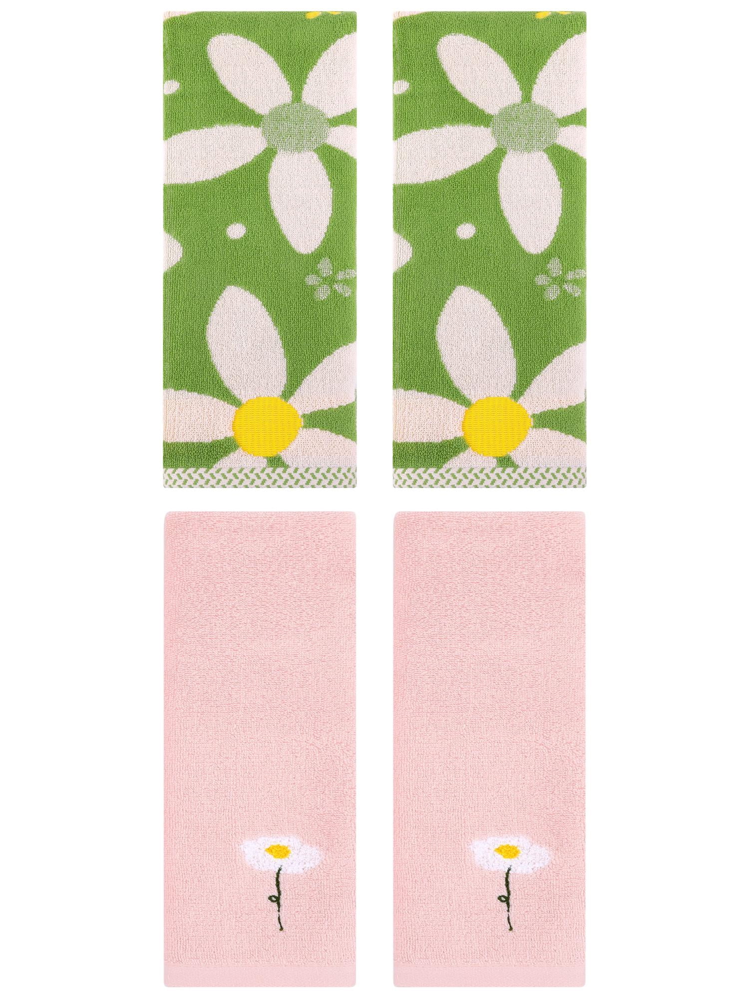 Unique Bargains 4 Pcs Cotton Floral Hand Towel Pink/Green 13" x 30"/13" x 29"