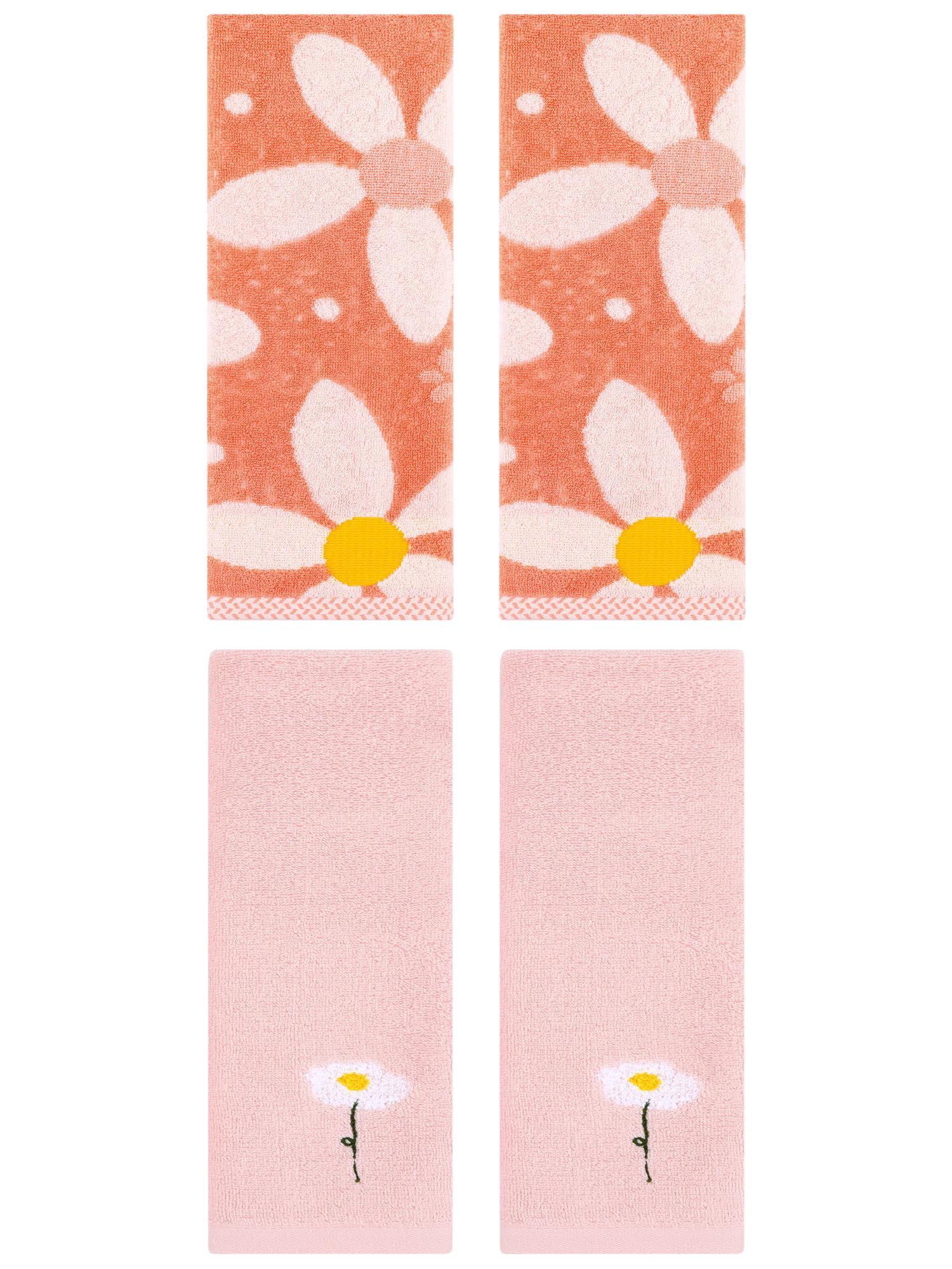 Unique Bargains 4 Pcs Cotton Floral Hand Towel Pink/Orange 13" x 30"/13" x 29"