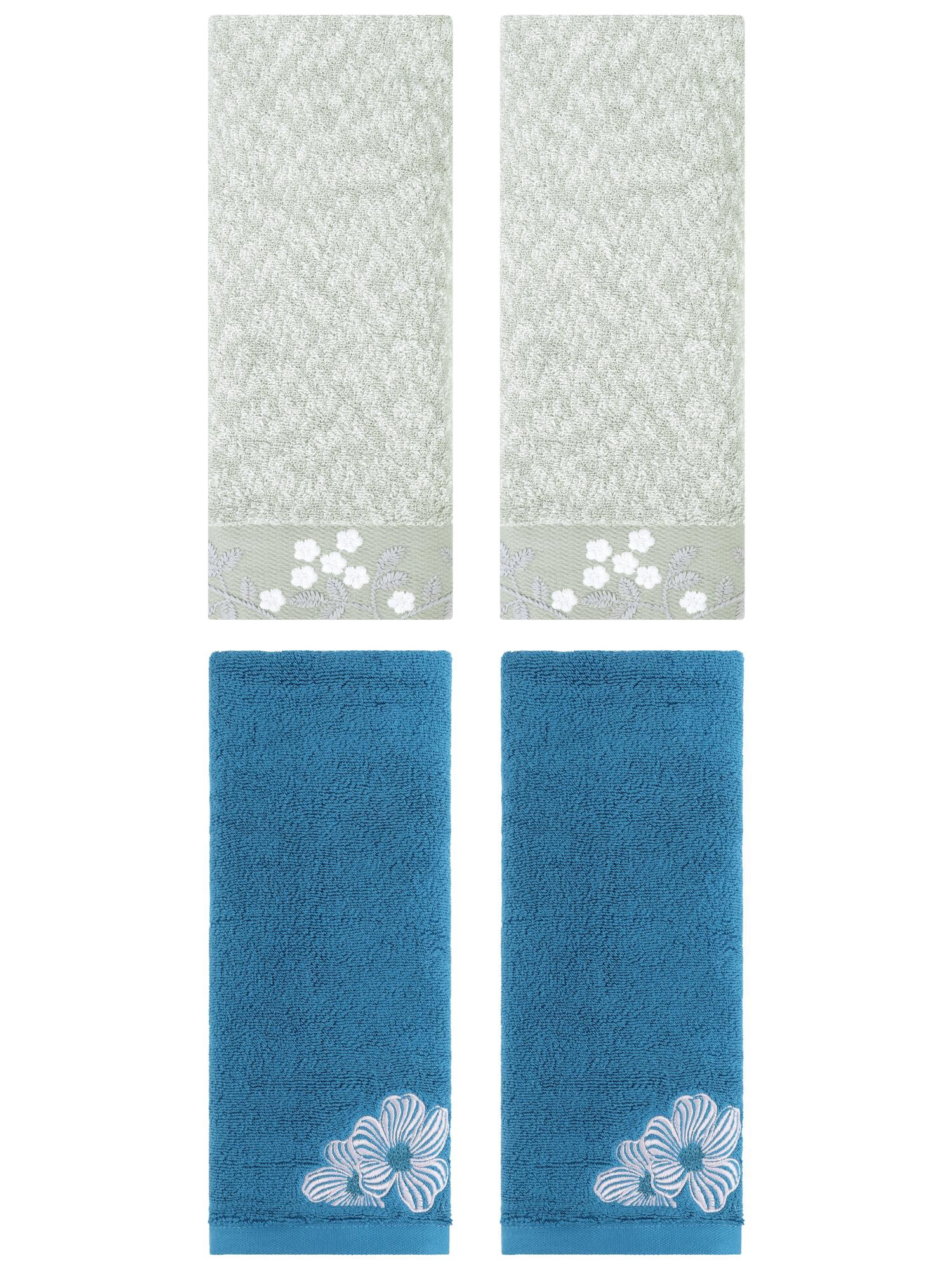 Unique Bargains 4 Pcs Cotton Floral Soft Hand Towel Set Green/Blue 14" x 28"/14" x 31"