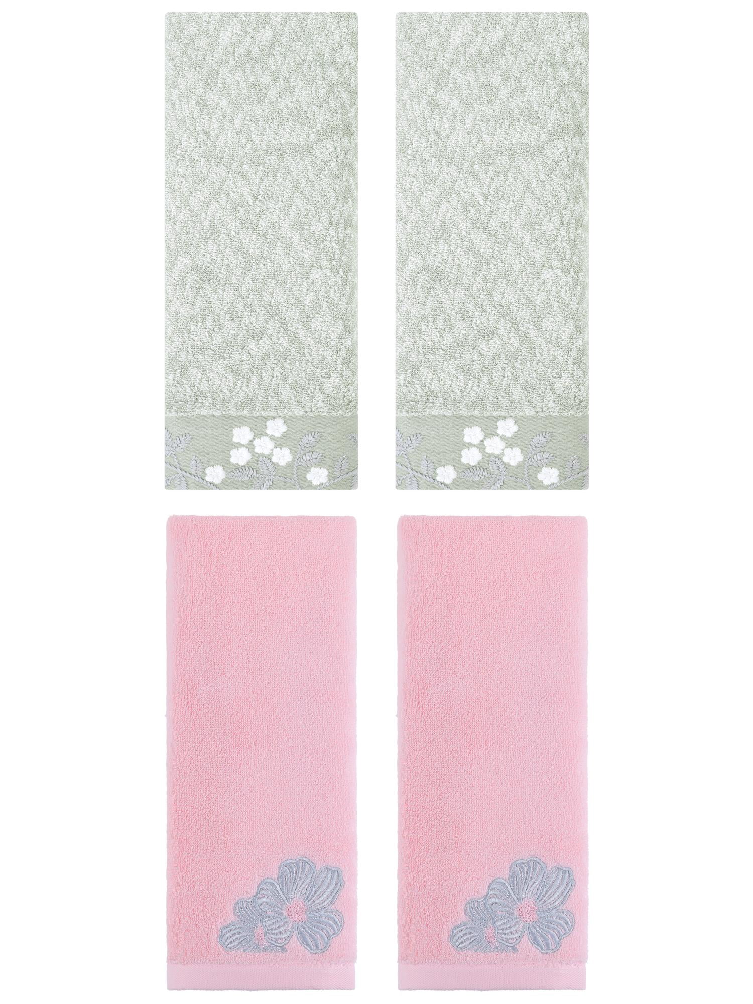 Unique Bargains 4 Pcs Cotton Floral Soft Hand Towel Set Green/Pink 14" x 28"/14" x 31"
