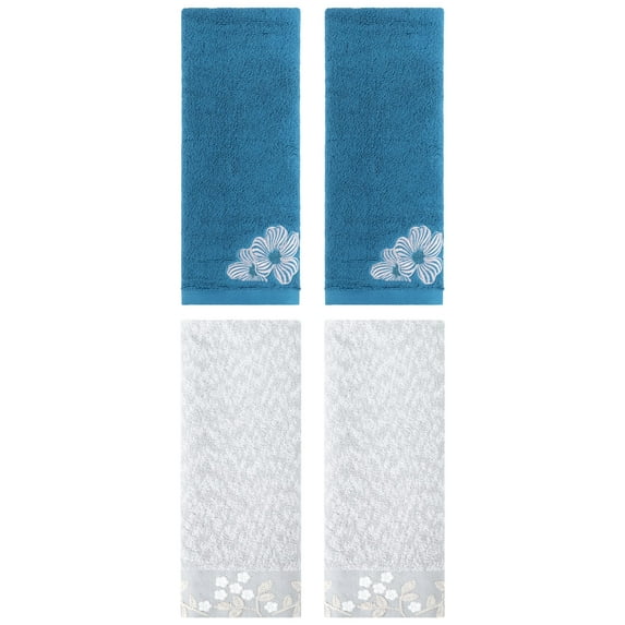 Unique Bargains 4 Pcs Cotton Floral Soft Hand Towel Set Grey/Blue 14" x 28"/14" x 31"