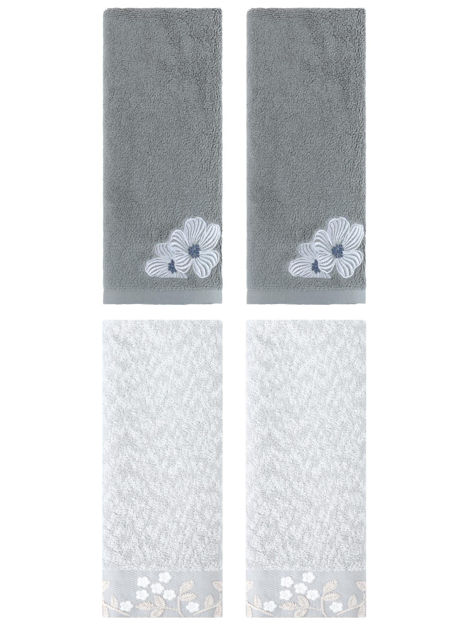 Unique Bargains 4 Pcs Cotton Floral Soft Hand Towel Set Grey/Khaki 14" x 28"/14" x 31"