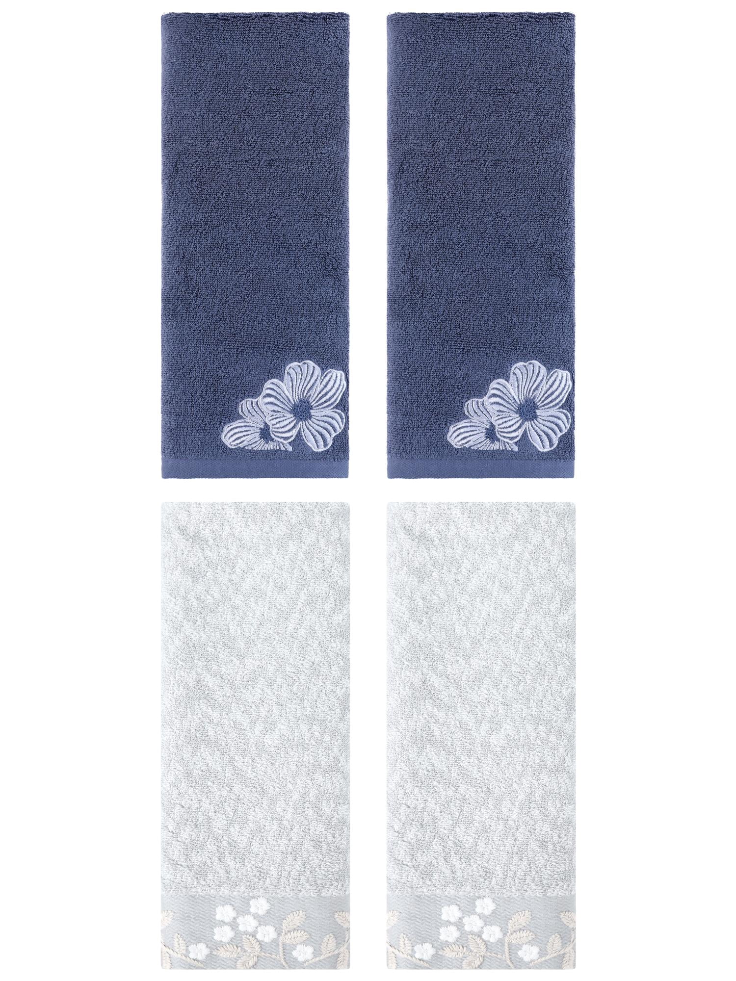 Unique Bargains 4 Pcs Cotton Floral Soft Hand Towel Set Grey/Navy Blue 14" x 28"/14" x 31"