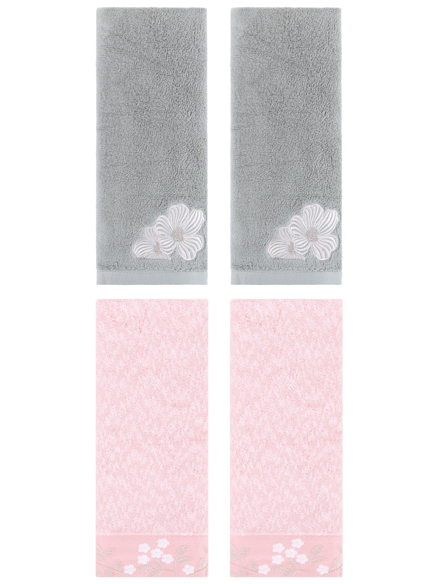 Unique Bargains 4 Pcs Cotton Floral Soft Hand Towel Set Pink/Camel 14" x 28"/14" x 31"