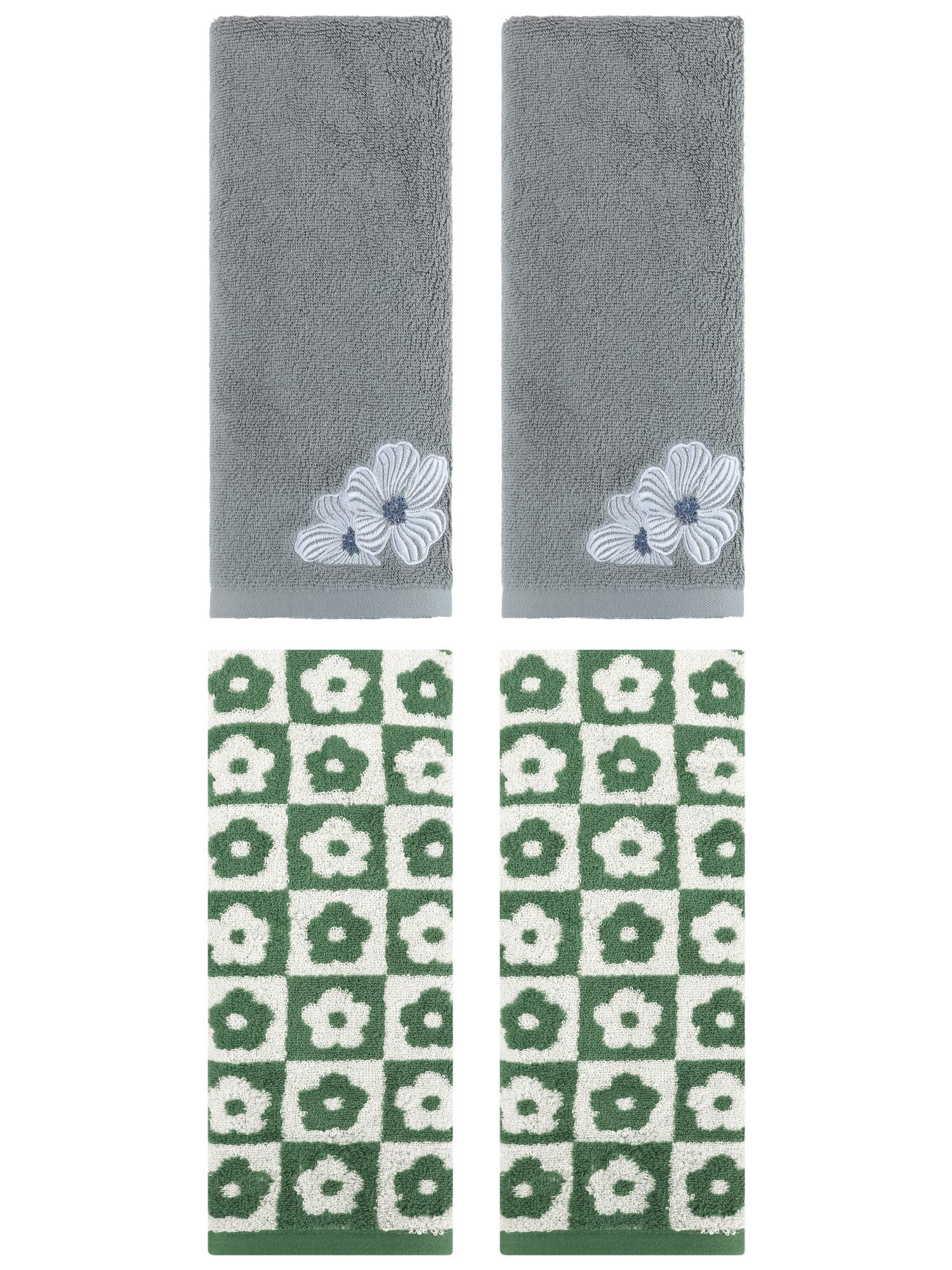 Unique Bargains 4 Pcs Cotton Hand Towel Set Green/Khaki 14" x 30"/14" x 31"