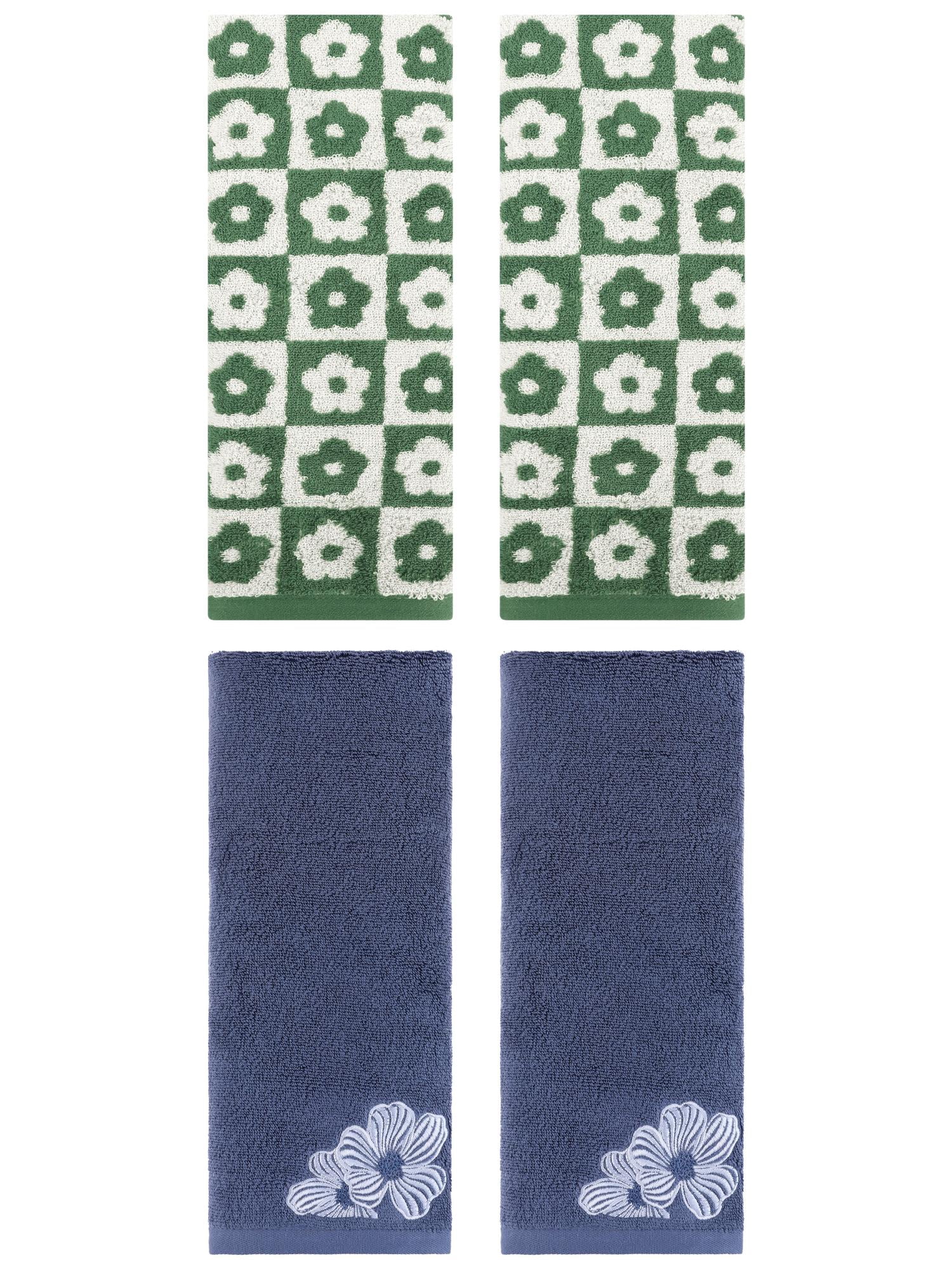 Unique Bargains 4 Pcs Cotton Hand Towel Set Green/Navy Blue 14" x 30"/14" x 31"