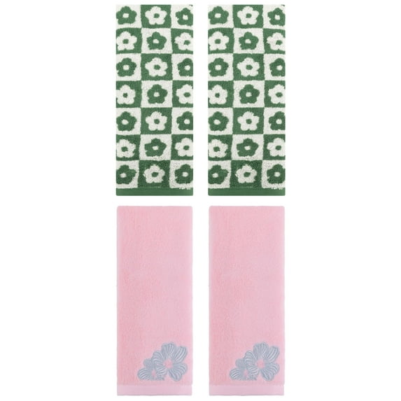 Unique Bargains 4 Pcs Cotton Hand Towel Set Green/Pink 14" x 30"/14" x 31"