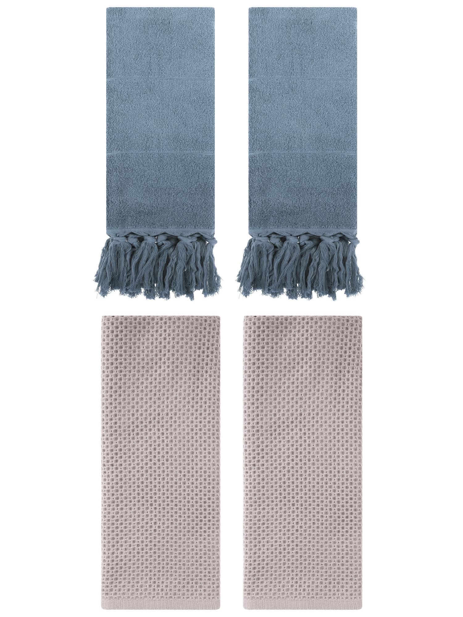 Unique Bargains 4 Pcs Cotton Hand Towels Blue/Camel 14" x 30"/13" x 30"