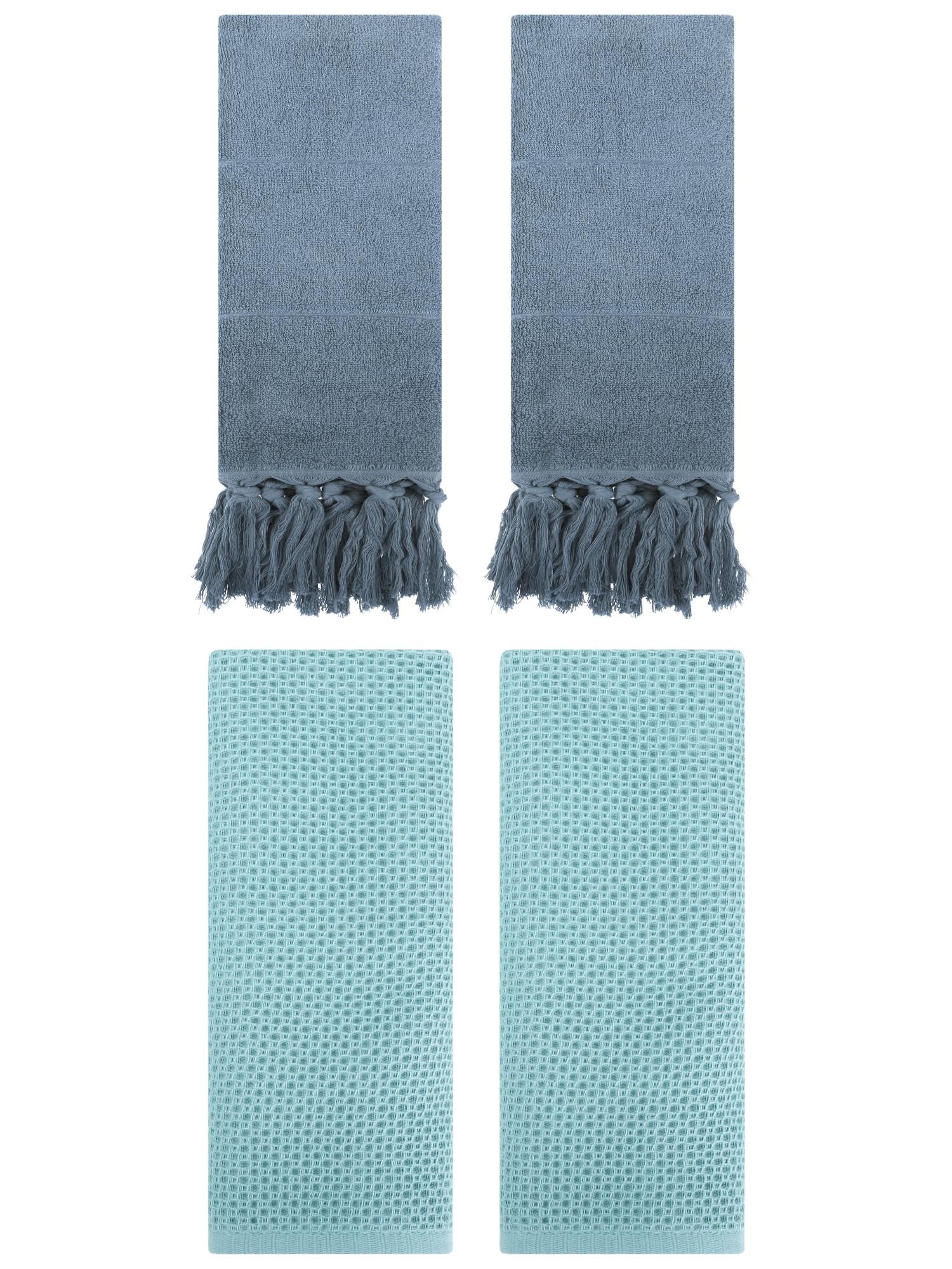 Unique Bargains 4 Pcs Cotton Hand Towels Blue/Light Blue 14" x 30"/13" x 30"