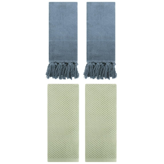Unique Bargains 4 Pcs Cotton Hand Towels Blue/Light Green 14" x 30"/13" x 30"