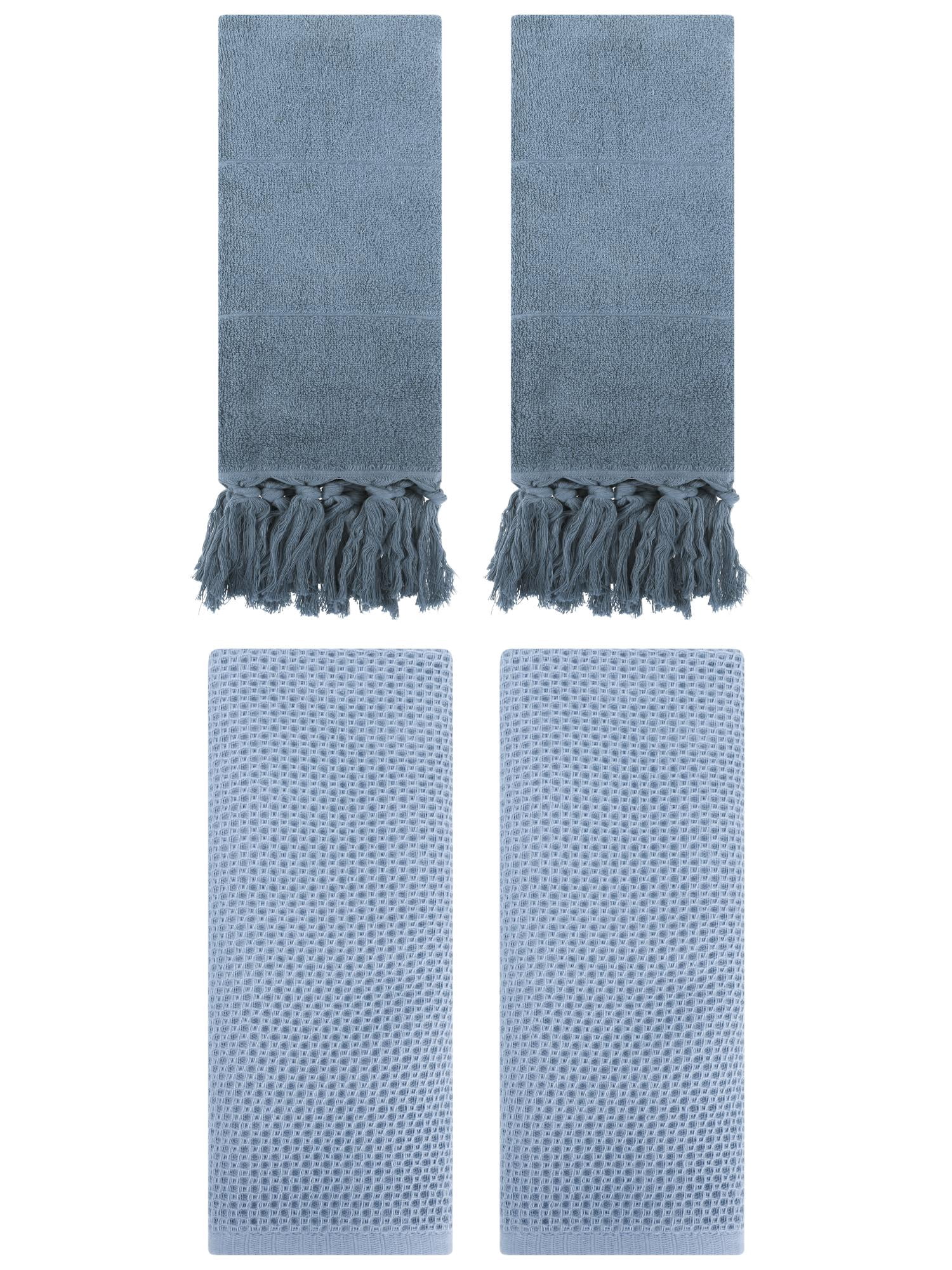 Unique Bargains 4 Pcs Cotton Hand Towels Blue/Steel Blue 14" x 30"/13" x 30"