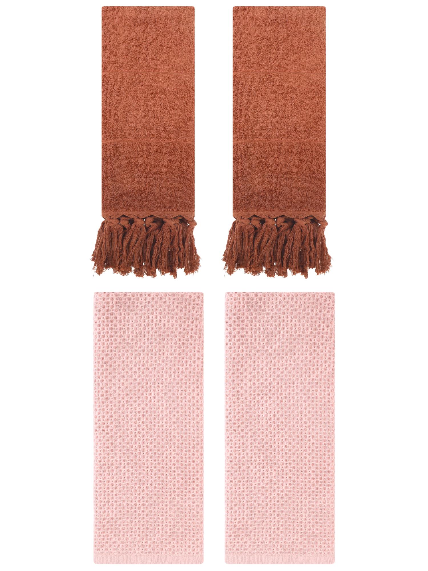 Unique Bargains 4 Pcs Cotton Hand Towels Brown/Pink 14" x 30"/13" x 30"