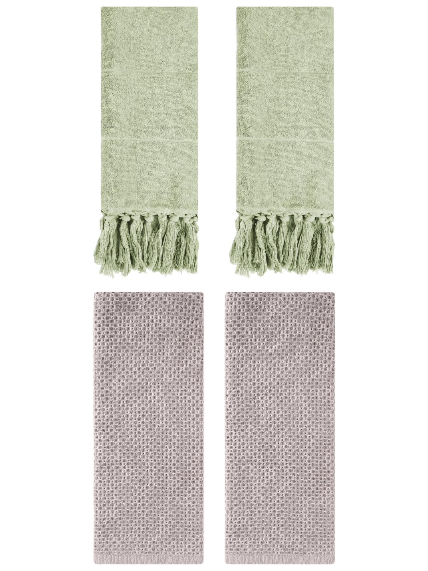 Unique Bargains 4 Pcs Cotton Hand Towels Green/Camel 14" x 30"/13" x 30"