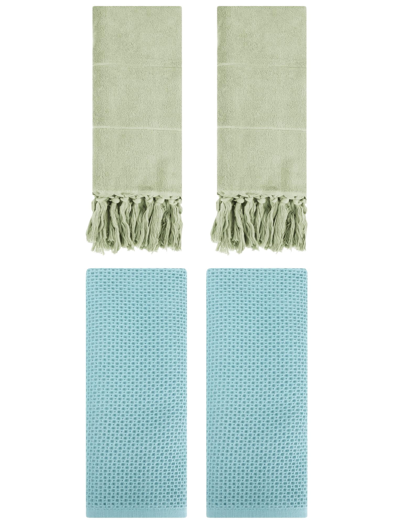 Unique Bargains 4 Pcs Cotton Hand Towels Green/Light Blue 14" x 30"/13" x 30"