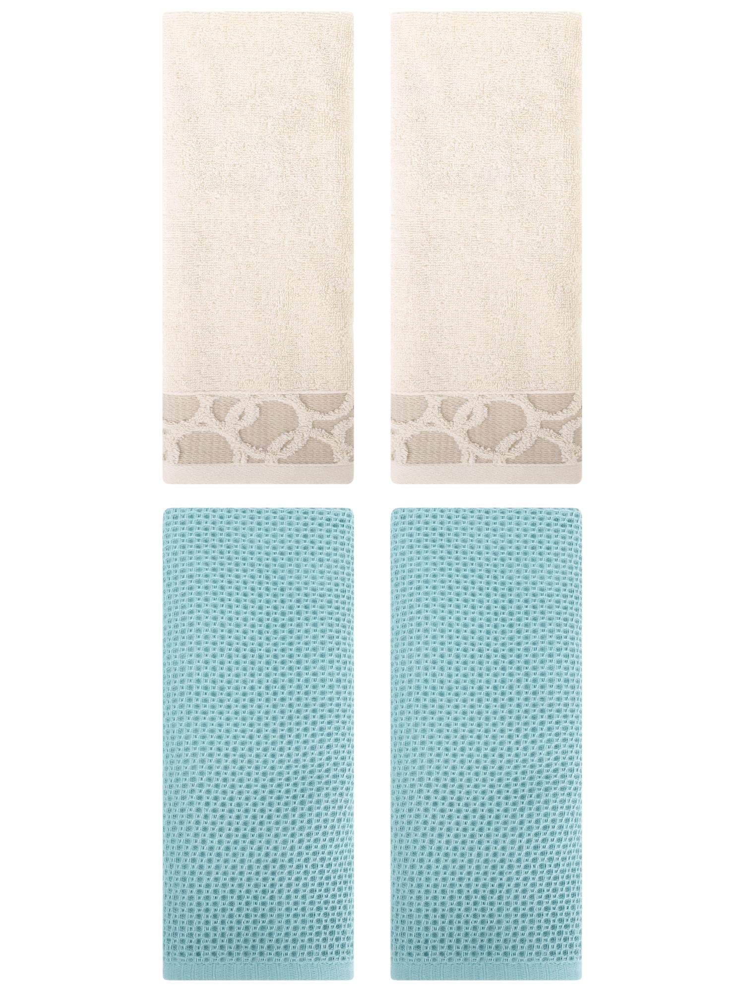 Unique Bargains 4 Pcs Cotton Hand Towels Light Blue/Camel 13" x 30"/13" x 29"