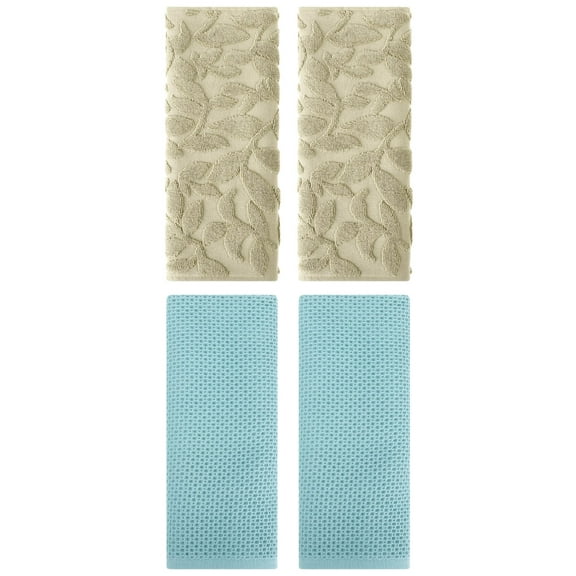 Unique Bargains 4 Pcs Cotton Hand Towels Light Blue/Khaki 13" x 30"/14" x 30"